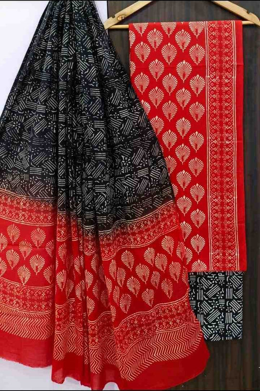 Screen Printed Black and Red Cotton Salwar Suit With Mulmul Dupatta