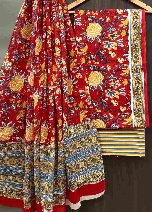 Screen Printed Red Floral Cotton Salwar Suit With Mulmul Dupatta