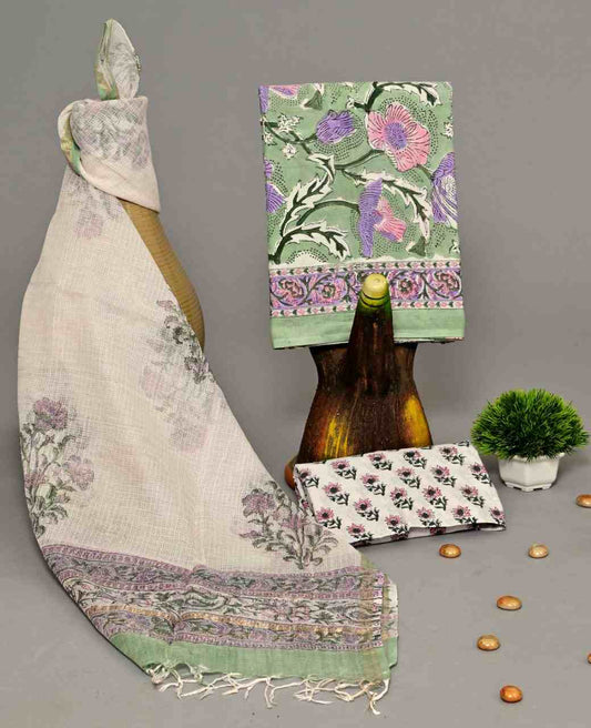 Unstitched Handblock Green Floral Cotton Suit With Kota Doria Dupatta