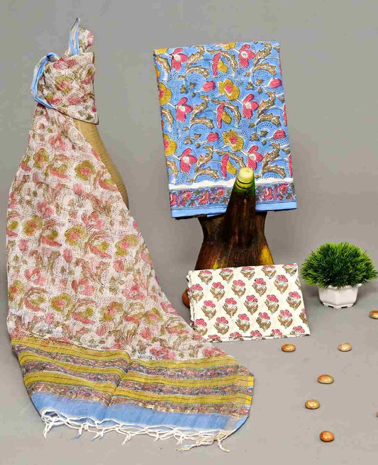 Unstitched Handblock Bluish Floral Cotton Suit With Kota Doria Dupatta