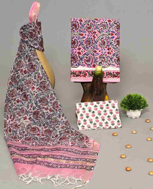 Unstitched Handblock Pink Floral Cotton Suit With Kota Doria Dupatta