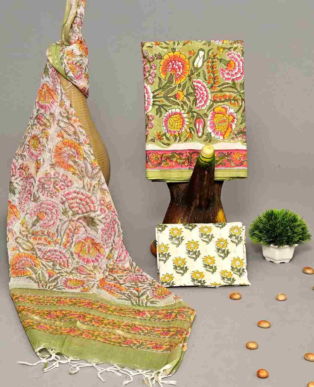 Mischa Color Cotton Hand Work Top Material and Pant Material with Printed Dupatta