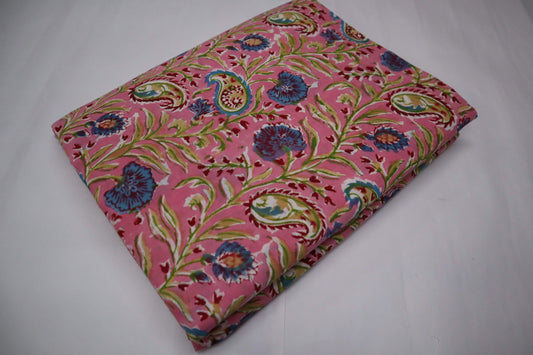 Handblock Printed Natural dye Pink Soft Cotton fabrics-fabric bazaar-