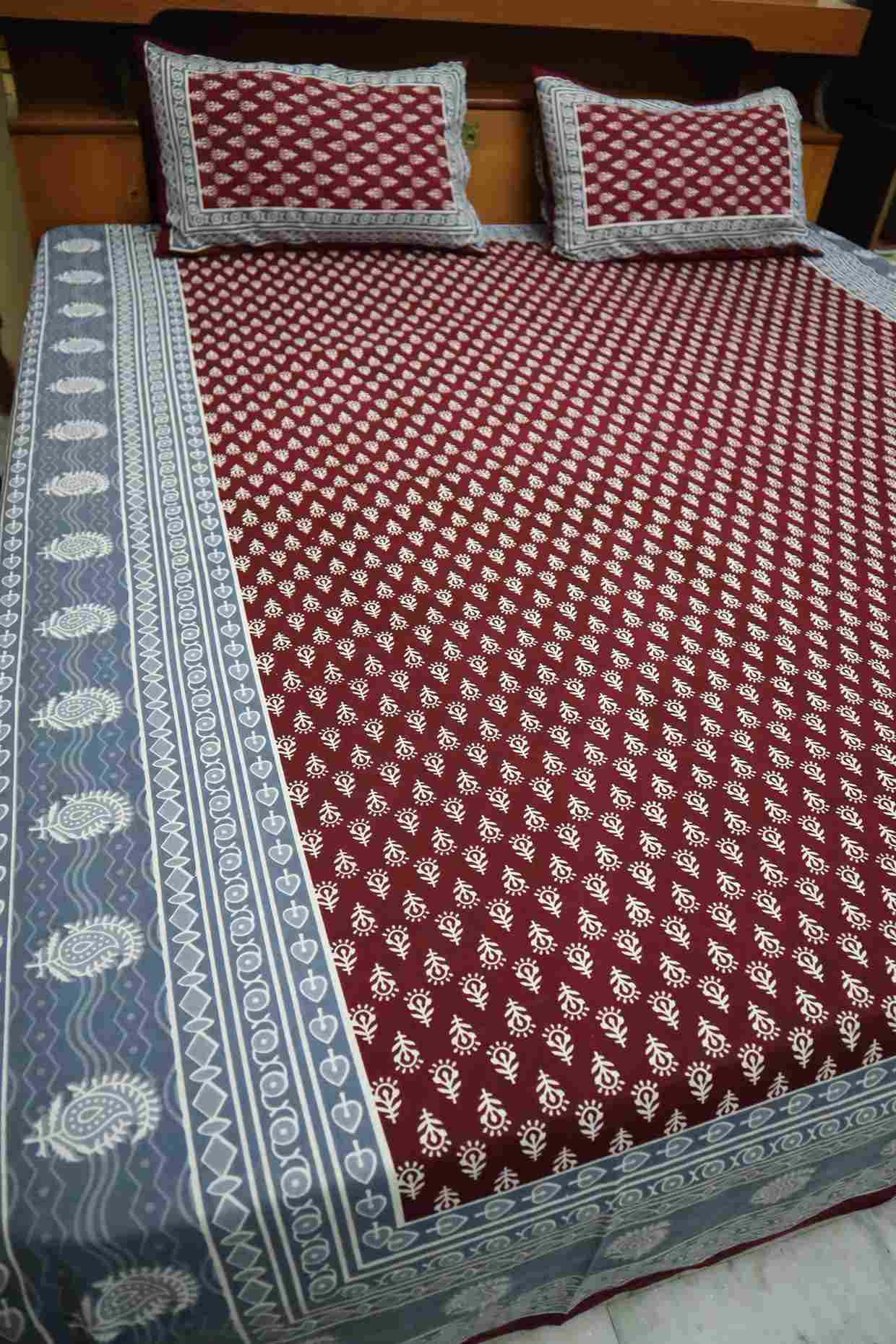 Maroon Pure Cotton Jaipuri Bedsheets for Double Bed with Pillow Covers, 90" x 108" King Size, 180 TC, Breathable and Skin Friendly