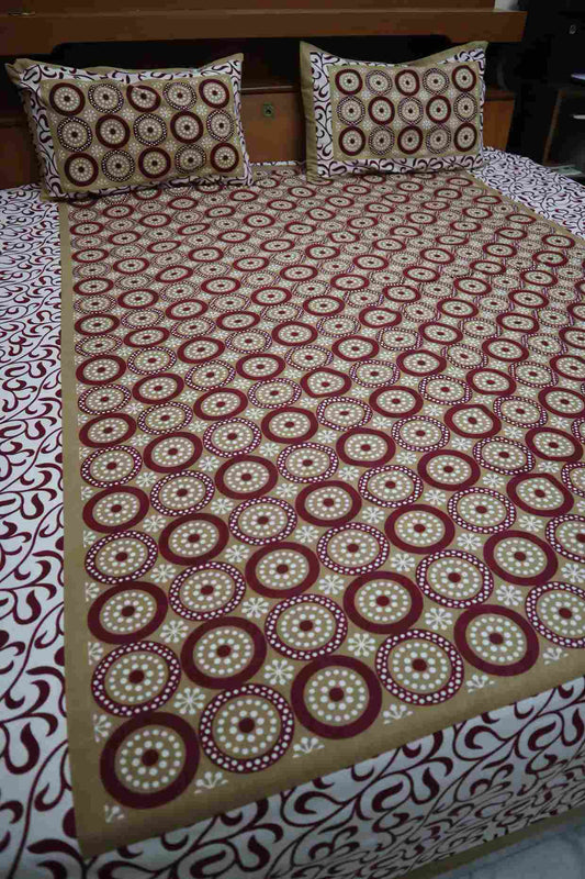 Brown and Maroon Pure Cotton Jaipuri Bedsheets for Double Bed with Pillow Covers, 90" x 108" King Size, 180 TC, Breathable and Skin Friendly