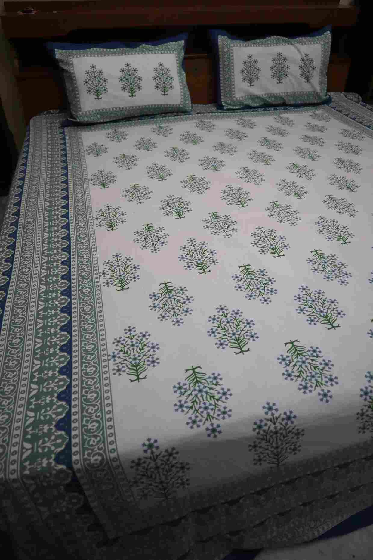 White Mughal Butta Pure Cotton Jaipuri Bedsheets for Double Bed with Pillow Covers, 90" x 108" King Size, 180 TC, Breathable and Skin Friendly