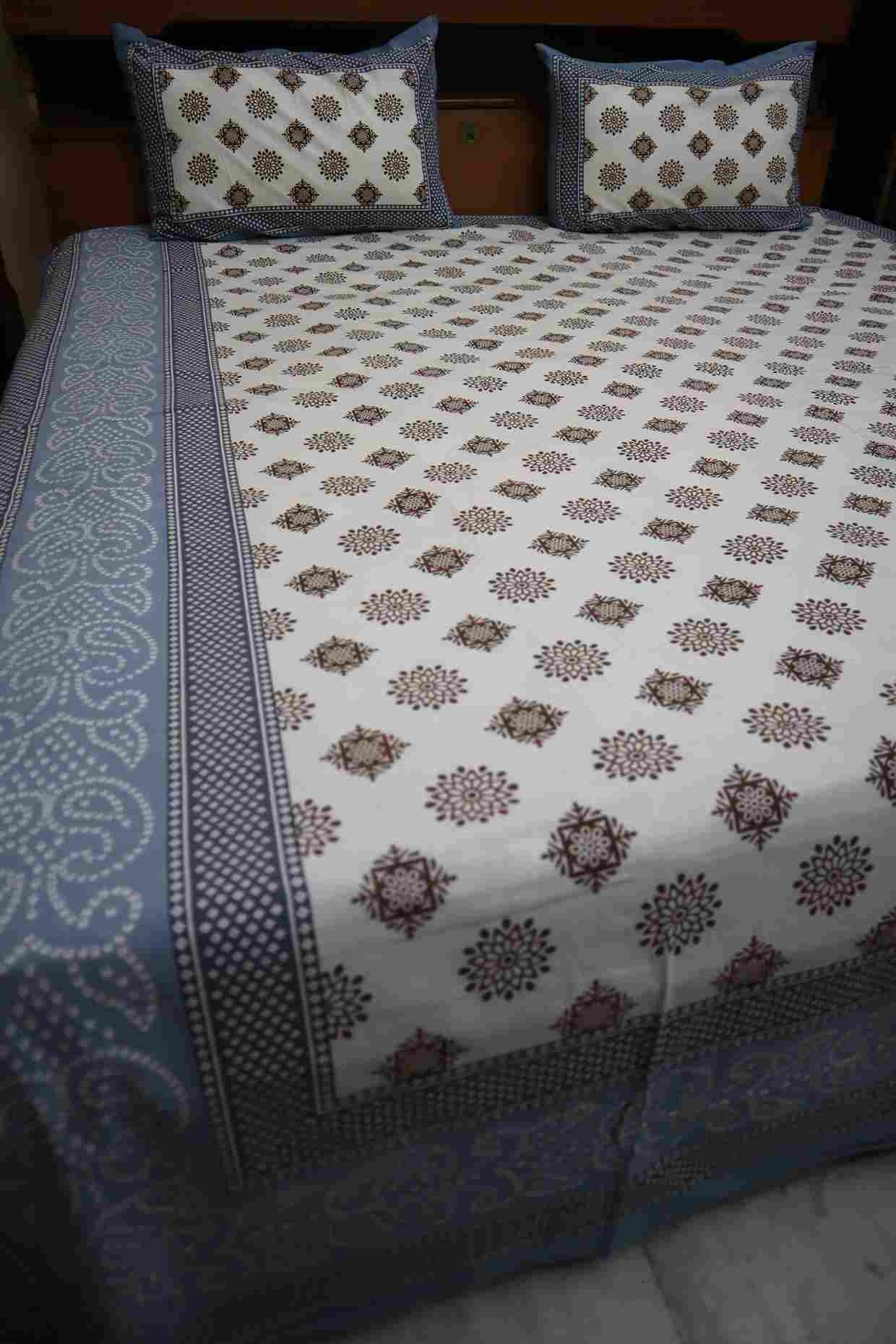 White Butta Pure Cotton Jaipuri Bedsheets for Double Bed with Pillow Covers, 90" x 108" King Size, 180 TC, Breathable and Skin Friendly
