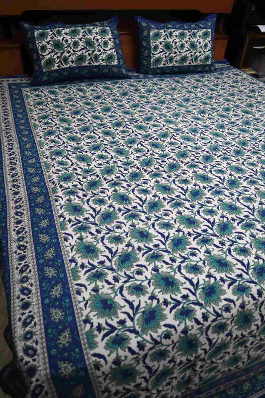Floral Pure Cotton Jaipuri Bedsheets for Double Bed with Pillow Covers, 90" x 108" King Size, 180 TC, Breathable and Skin Friendly