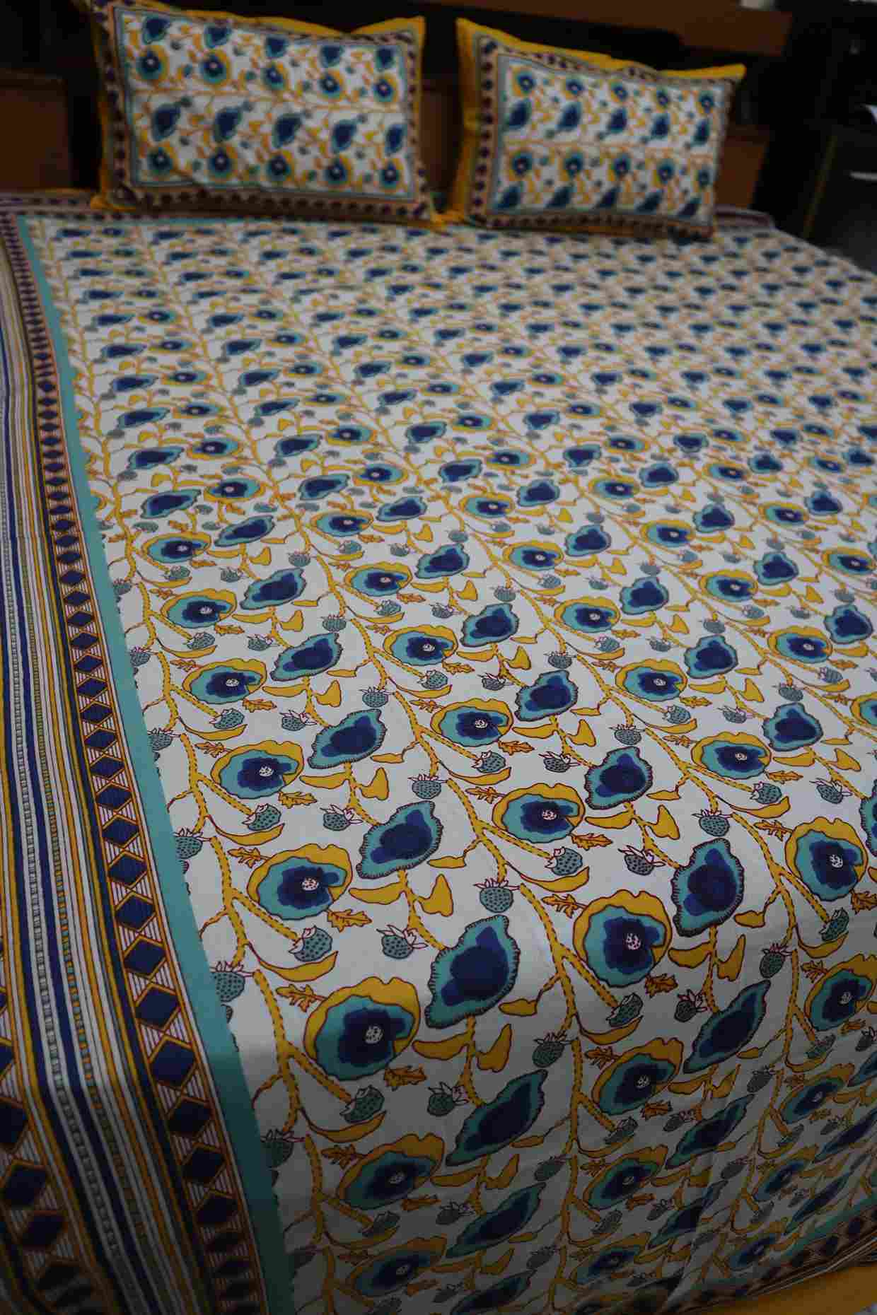 Multicolor Pure Cotton Jaipuri Bedsheets for Double Bed with Pillow Covers, 90" x 108" King Size, 180 TC, Breathable and Skin Friendly