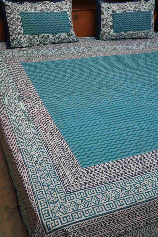 Sea Green Pure Cotton Jaipuri Bedsheets for Double Bed with Pillow Covers, 90" x 108" King Size, 180 TC, Breathable and Skin Friendly