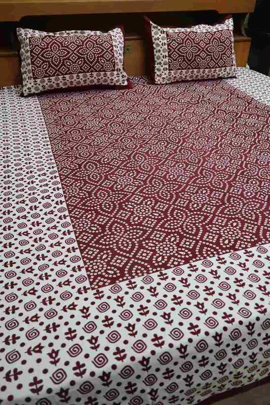 Maroon Bhandej Pure Cotton Jaipuri Bedsheets for Double Bed with Pillow Covers, 90" x 108" King Size, 180 TC, Breathable and Skin Friendly