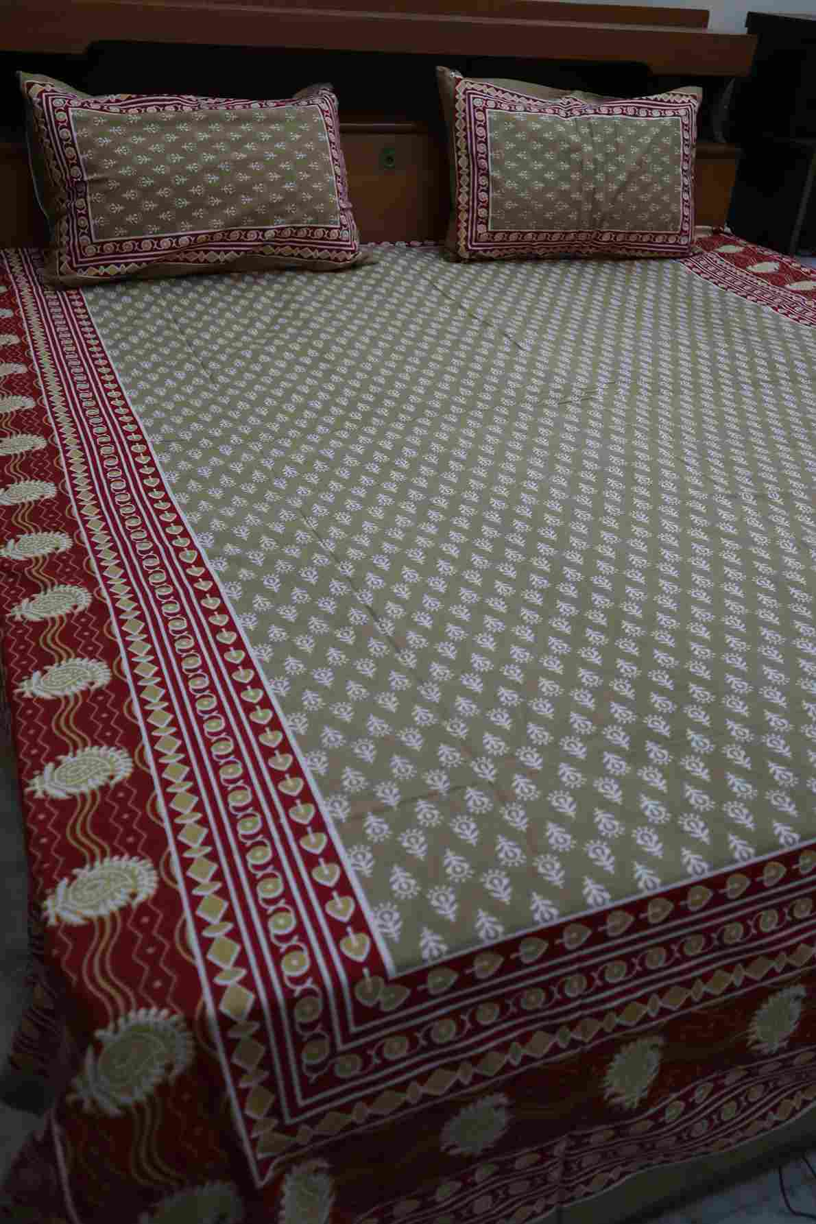 Pure Cotton Printed Butti Jaipuri Bedsheets for Double Bed with Pillow Covers, 90" x 108" King Size, 180 TC, Breathable and Skin Friendly