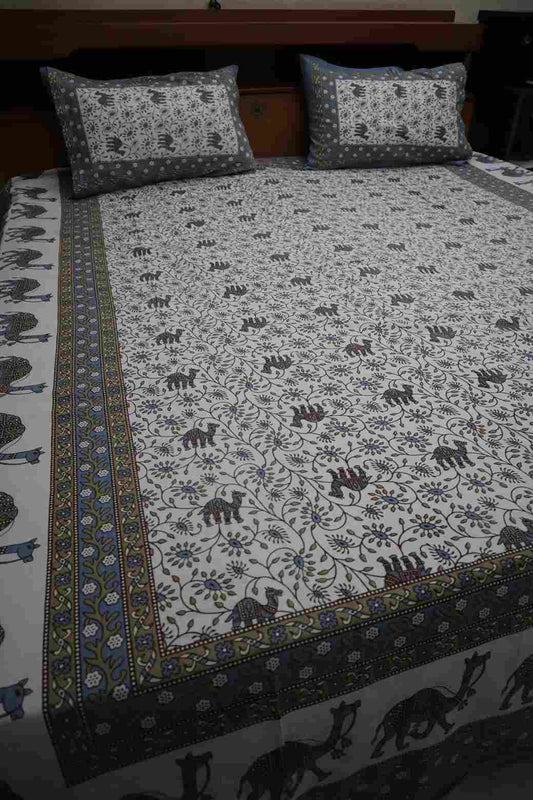 Camel Floral Pure Cotton Jaipuri Bedsheets for Double Bed with Pillow Covers, 90" x 108" King Size, 180 TC, Breathable and Skin Friendly