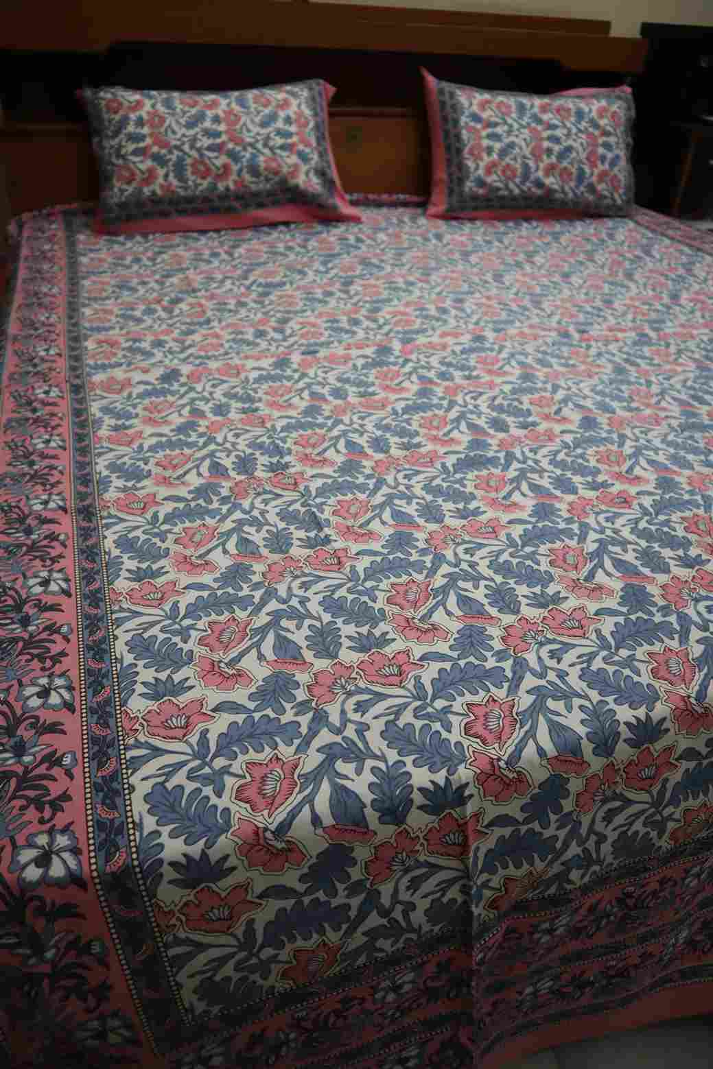 Pink & Grey Floral Pure Cotton Jaipuri Bedsheets for Double Bed with Pillow Covers, 90" x 108" King Size, 180 TC, Breathable and Skin Friendly