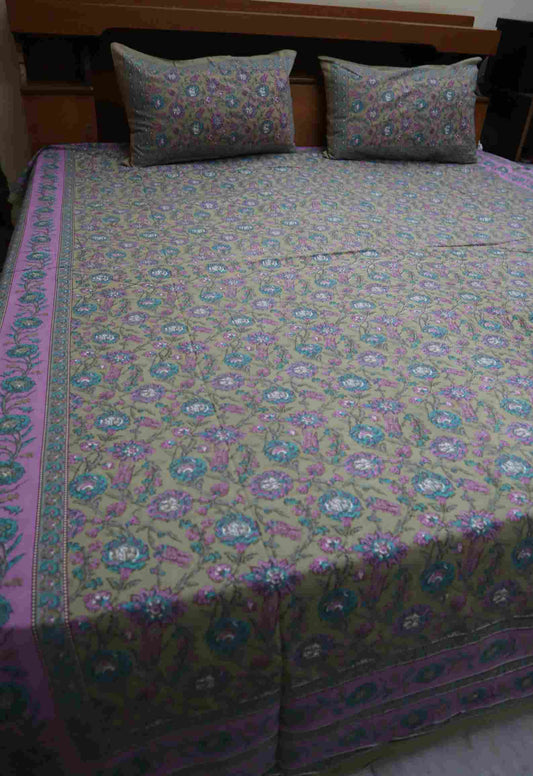 Floral Pure Cotton Jaipuri Bedsheets for Double Bed with Pillow Covers, 90" x 108" King Size, 180 TC, Breathable and Skin Friendly
