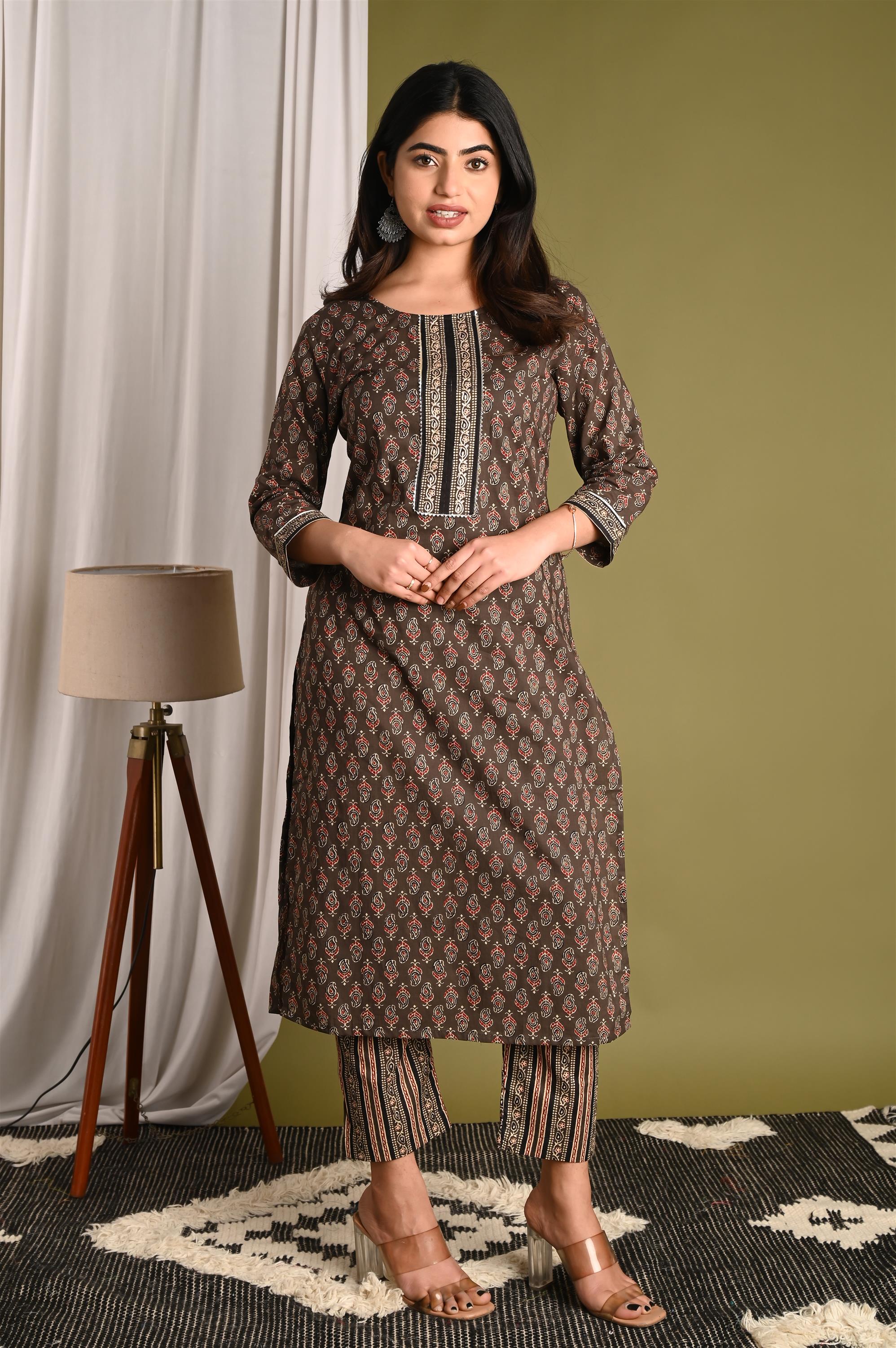 Screen Dark Brown Printed Pure Cotton Kurti With Pant Set