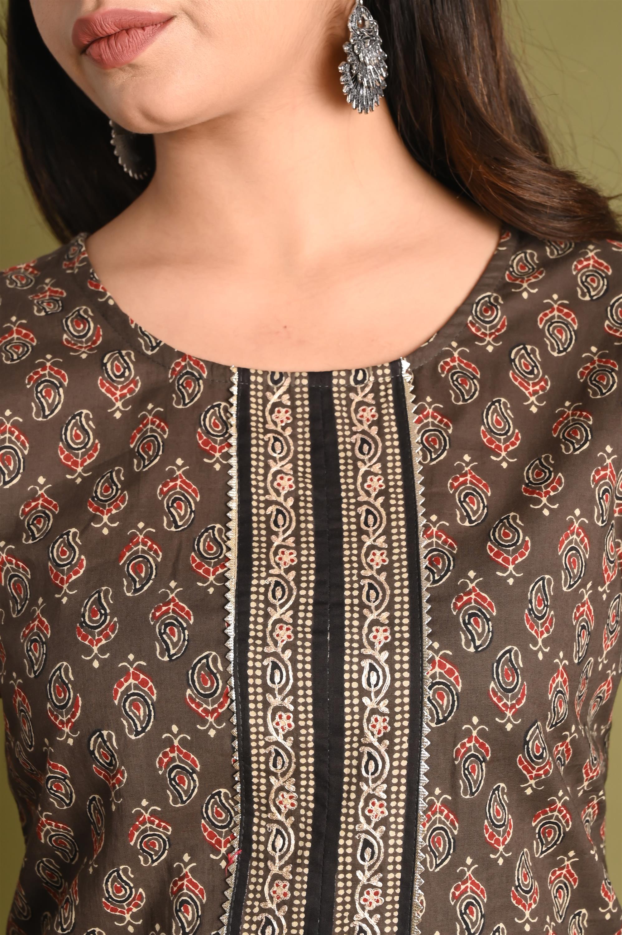 Screen Dark Brown Printed Pure Cotton Kurti With Pant Set