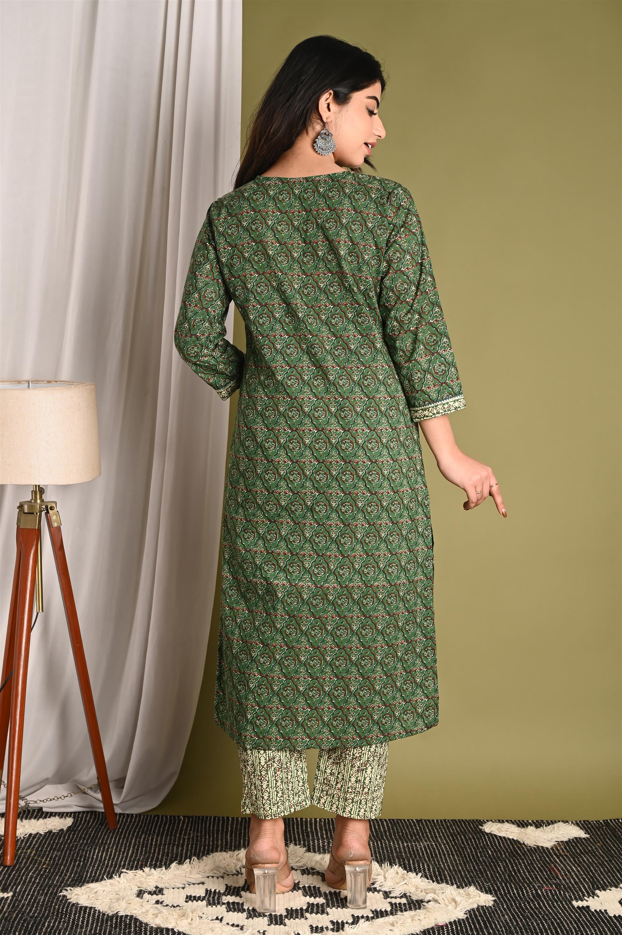 Screen Dark Green Printed Pure Cotton Kurti With Pant Set