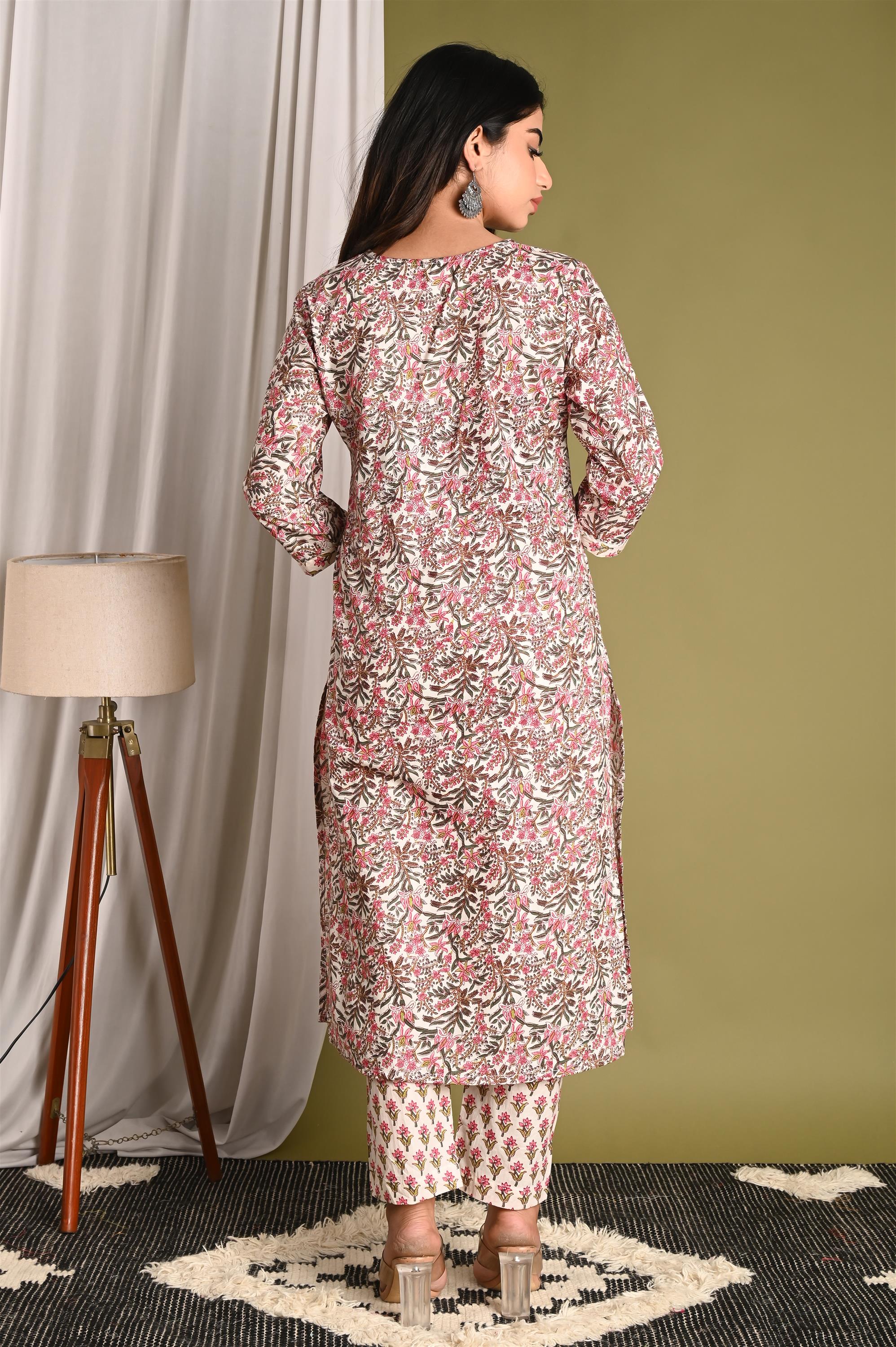 Screen Cream Printed Pure Cotton Kurti With Pant Set