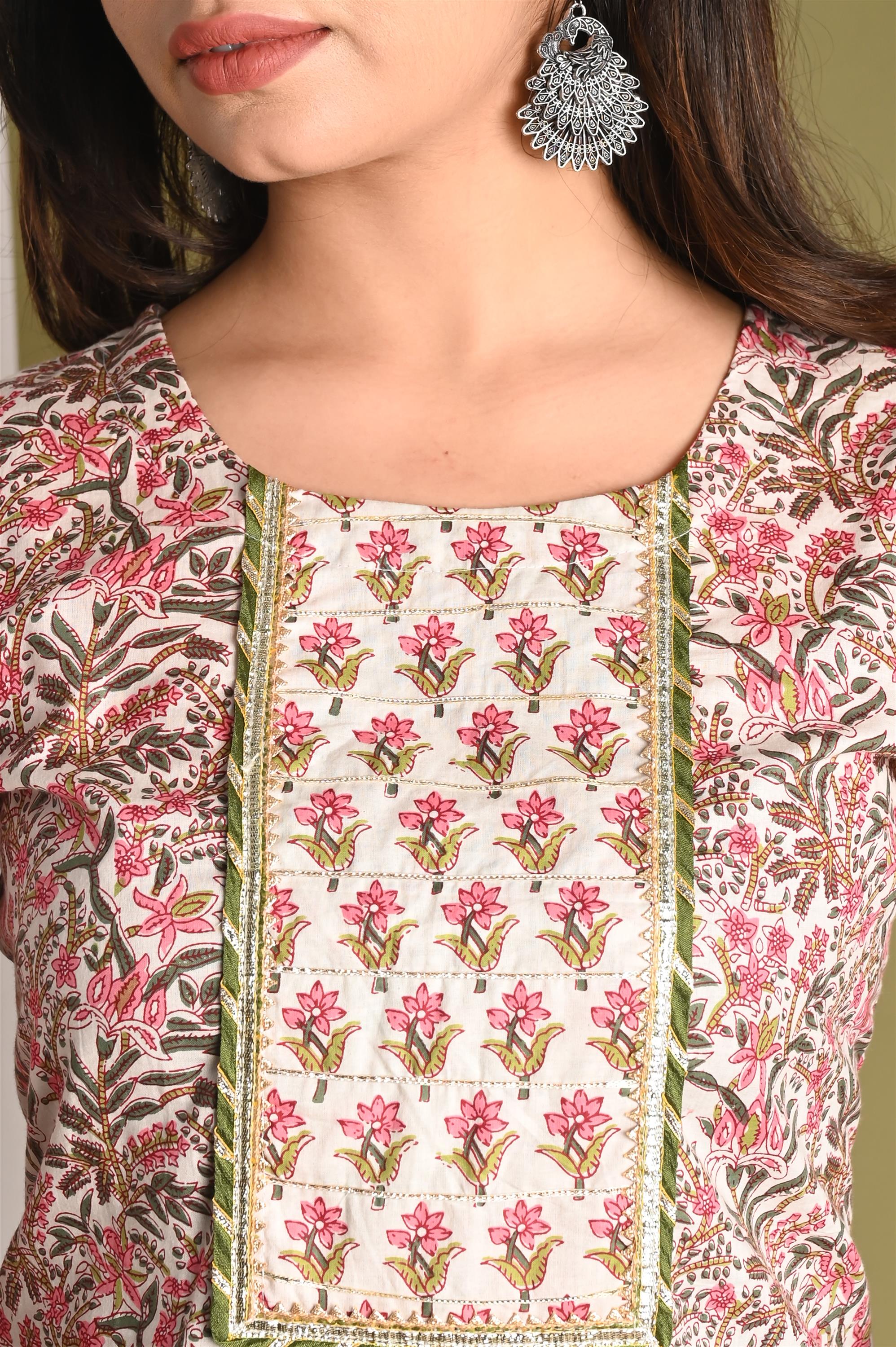 Screen Cream Printed Pure Cotton Kurti With Pant Set