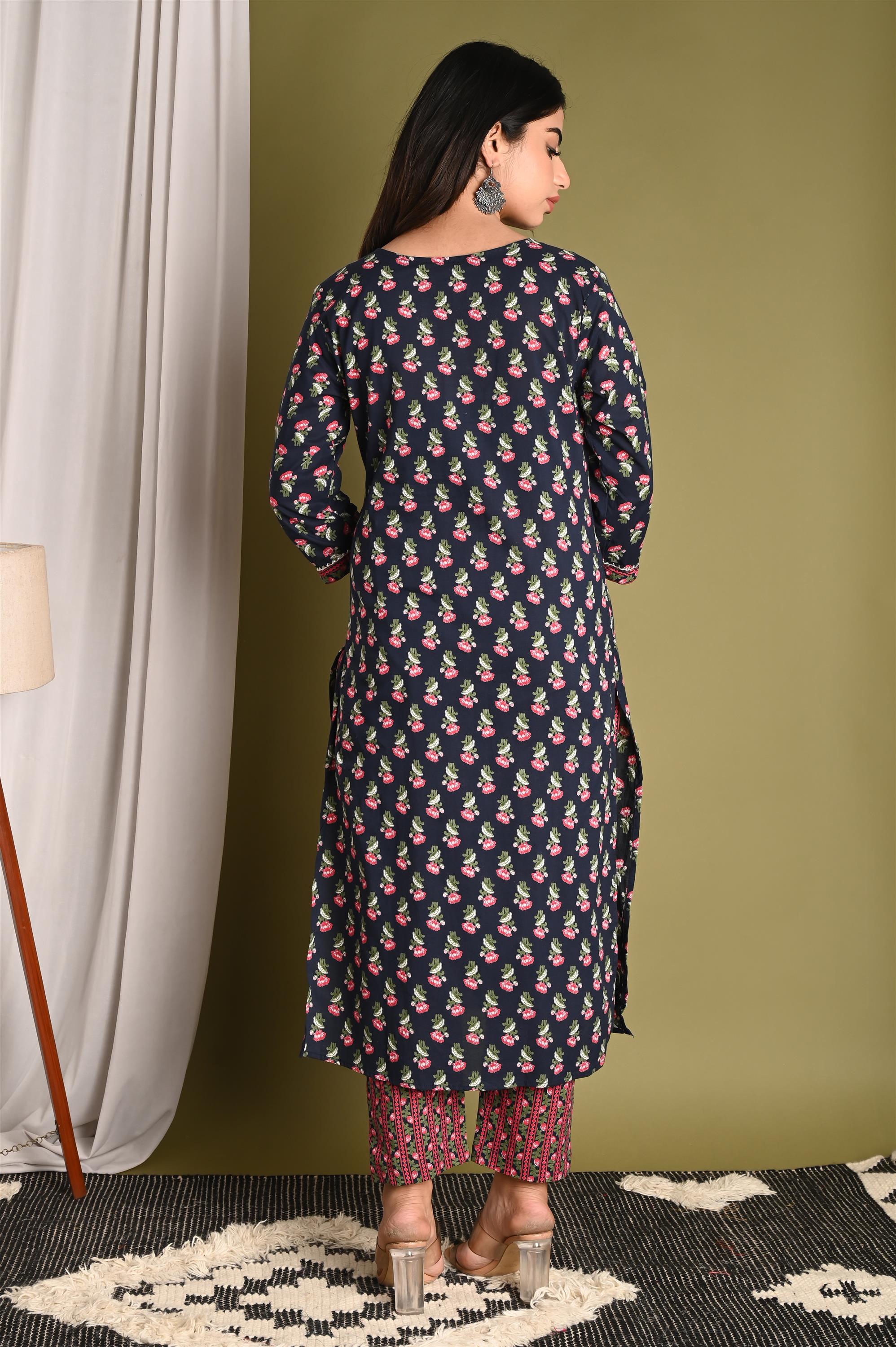 Screen Blue Printed Pure Cotton Kurti With Pant Set