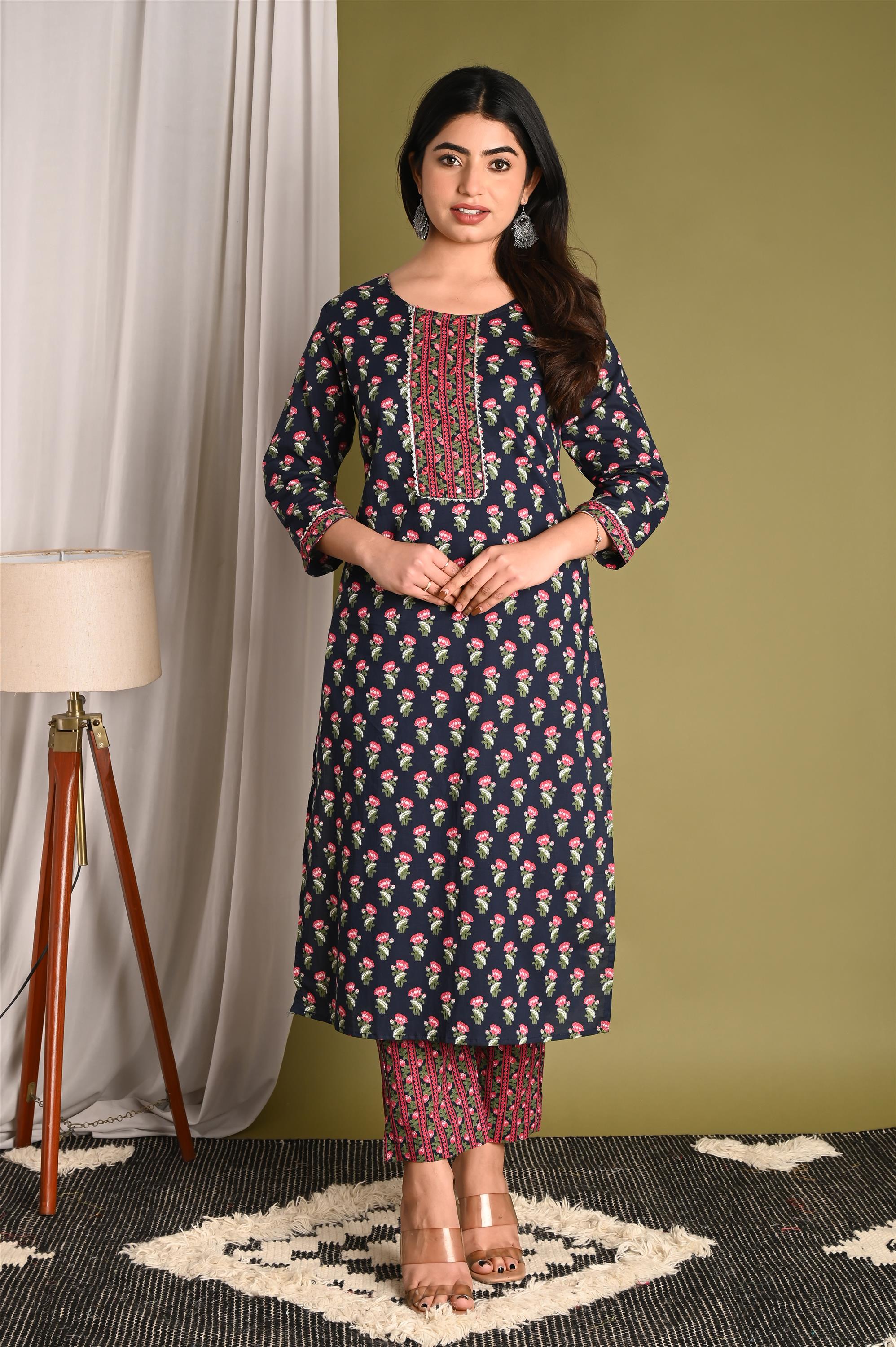 Screen Blue Printed Pure Cotton Kurti With Pant Set