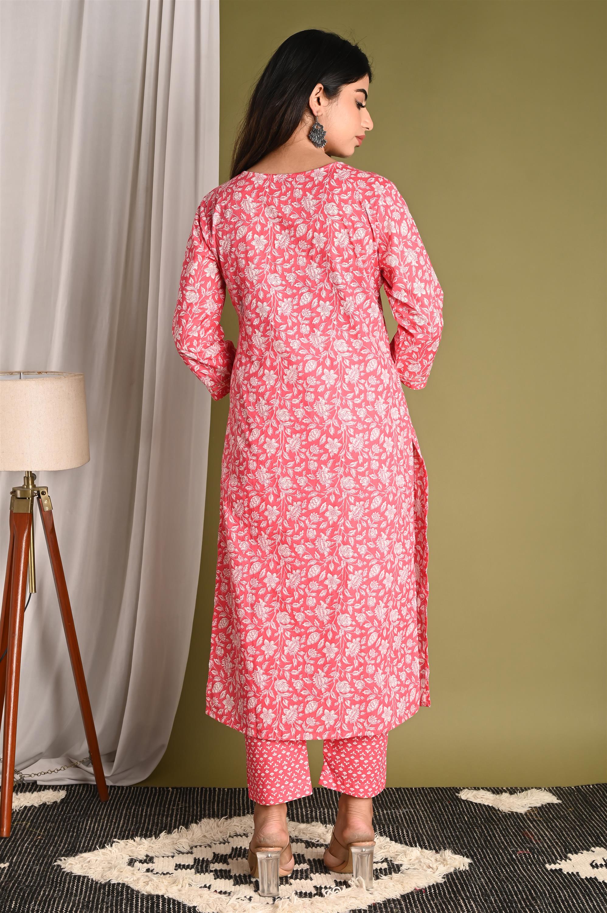 Screen Peach Printed Pure Cotton Kurti With Pant Set