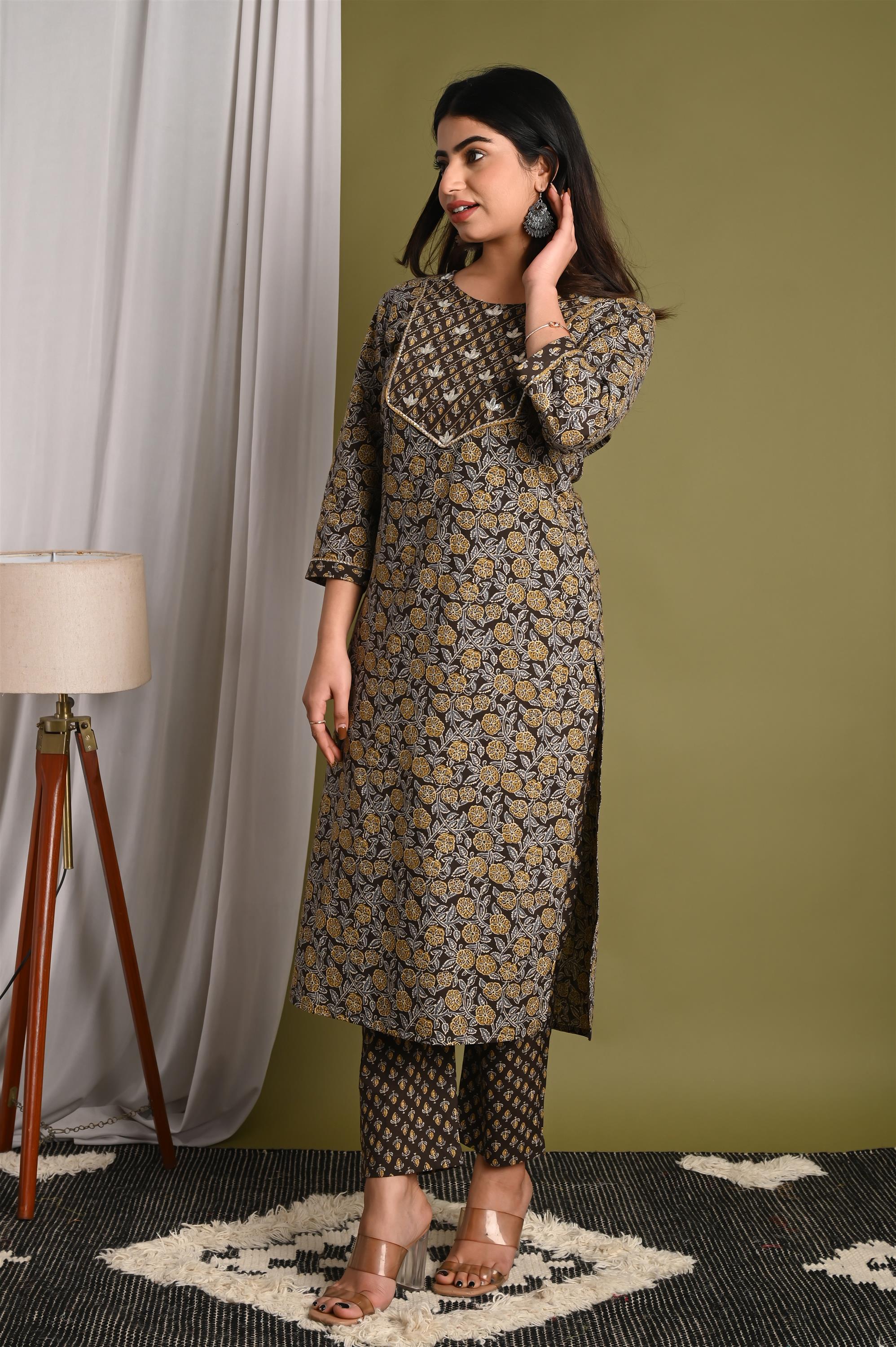 Screen Dark Brown Printed Pure Cotton Kurti With Pant Set