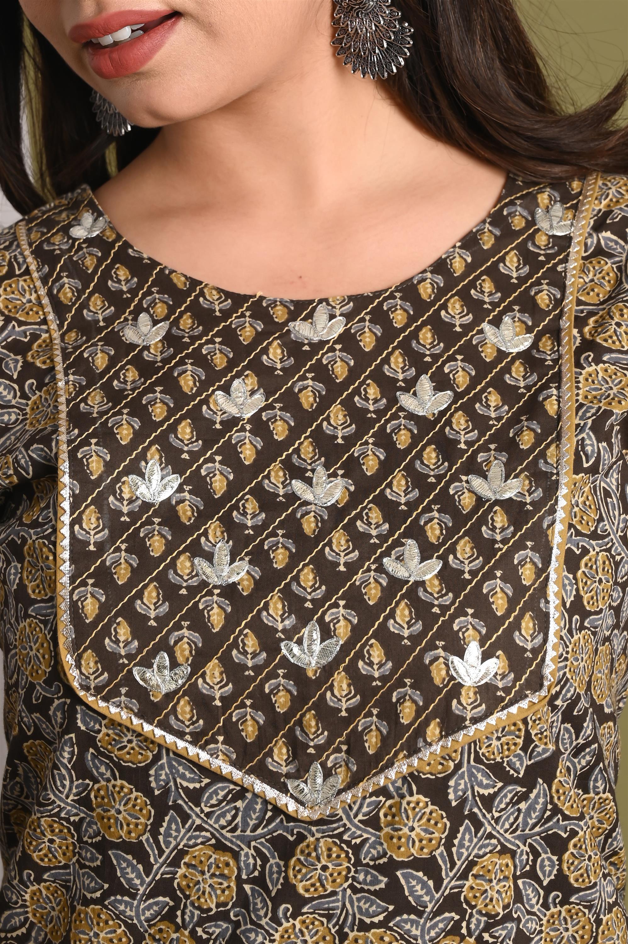 Screen Dark Brown Printed Pure Cotton Kurti With Pant Set