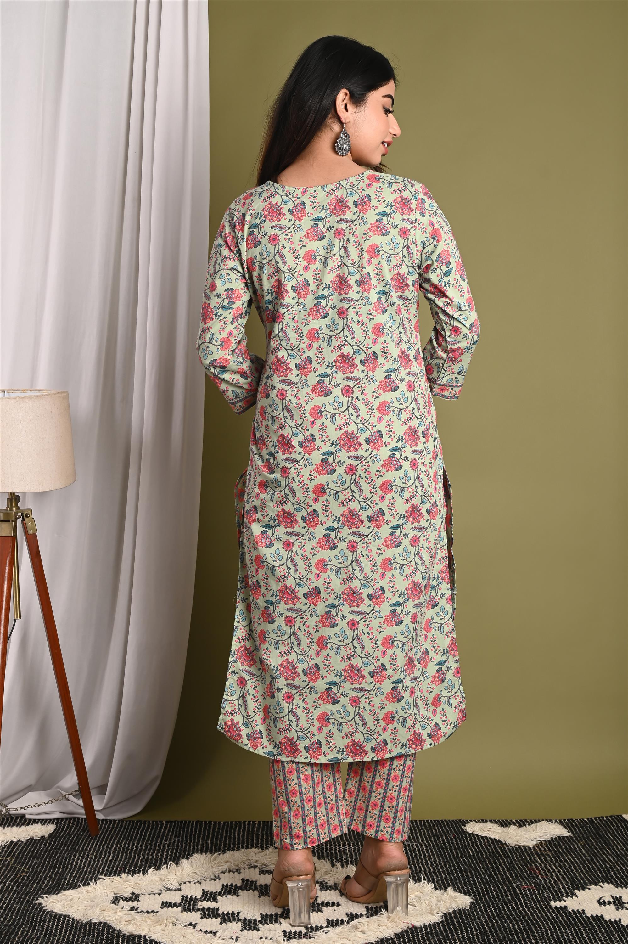 Screen Light Pista Green Printed Pure Cotton Kurti With Pant Set