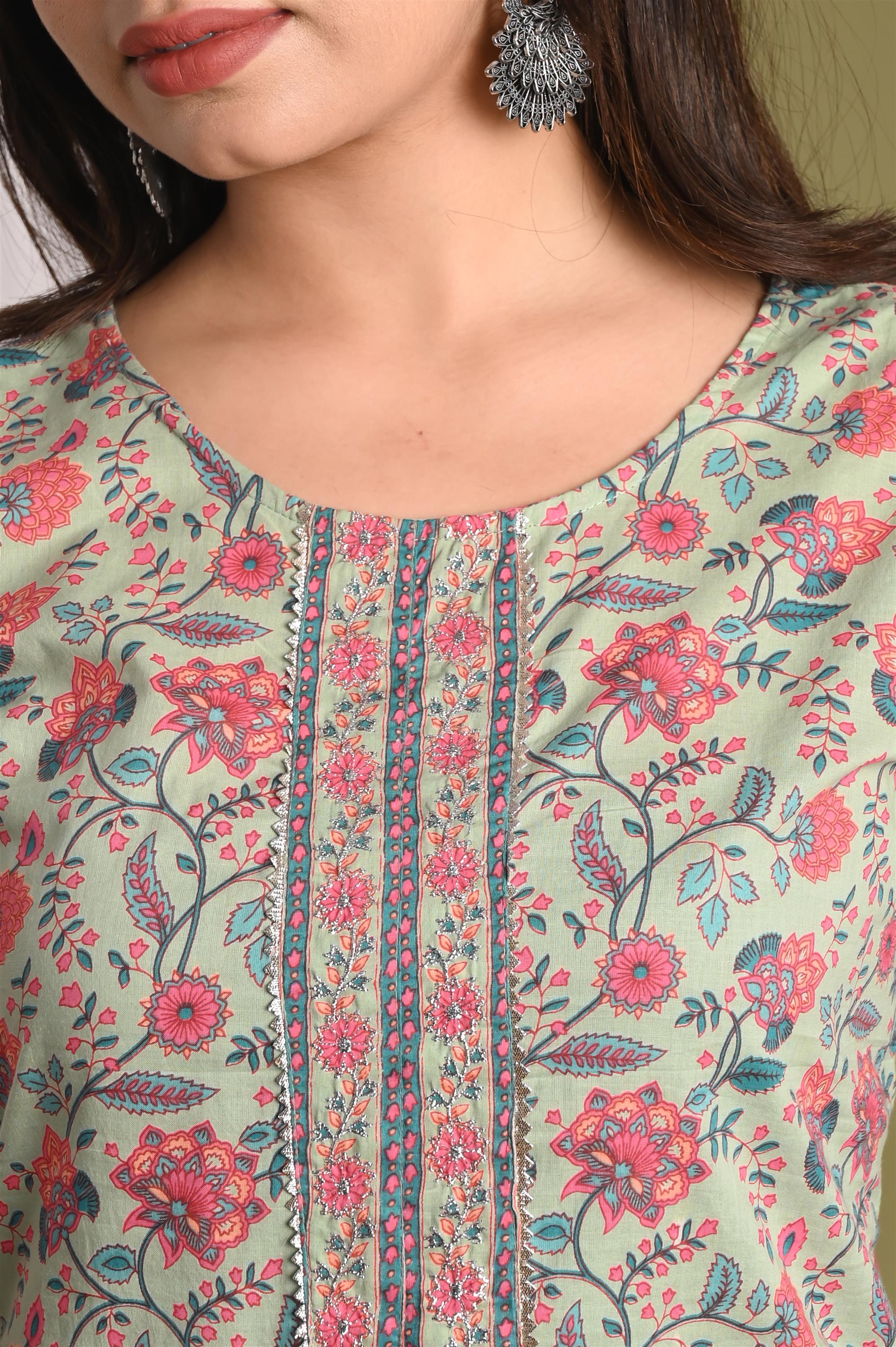 Screen Light Pista Green Printed Pure Cotton Kurti With Pant Set