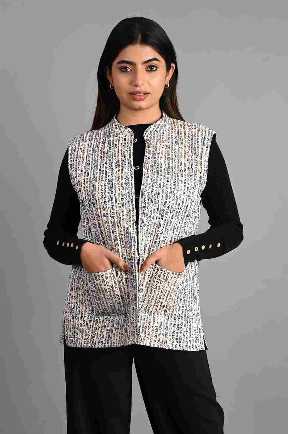 Winter White & Black Sleeveless Reversible Jaipuri Cotton Quilted Jackets For Women