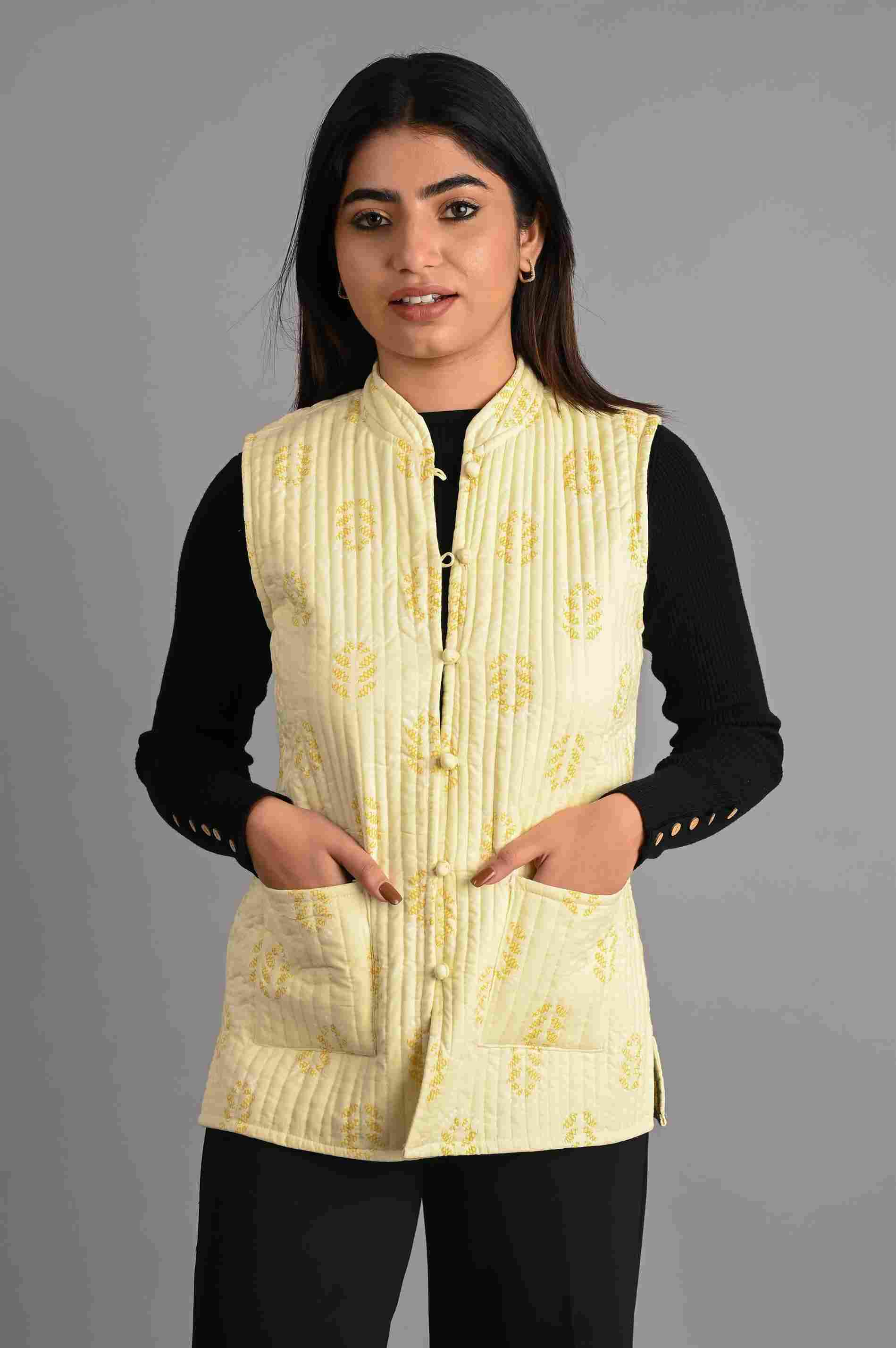 Winter Yellow Sleeveless Reversible Jaipuri Cotton Quilted Jackets For Women