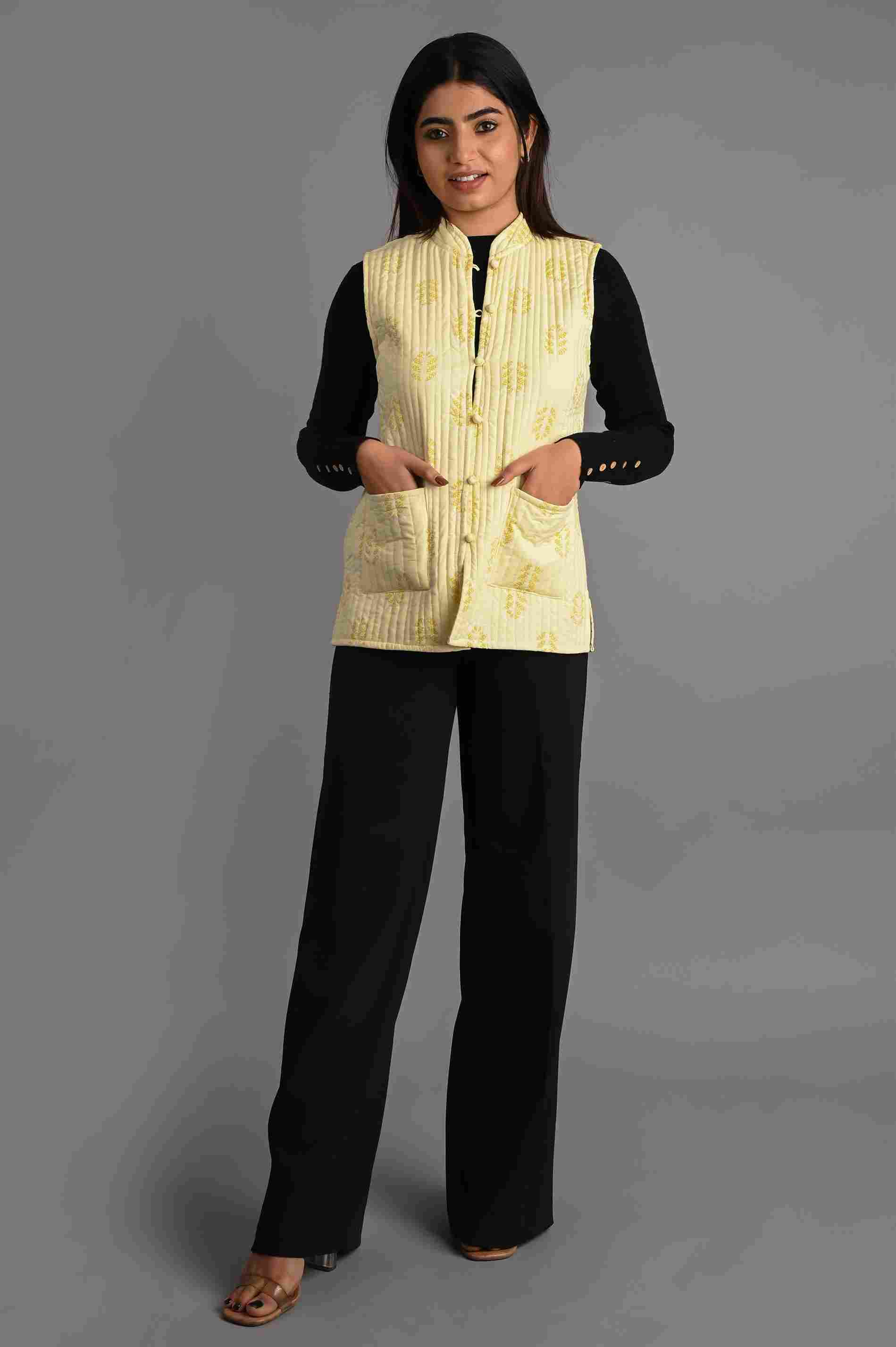 Winter Yellow Sleeveless Reversible Jaipuri Cotton Quilted Jackets For Women