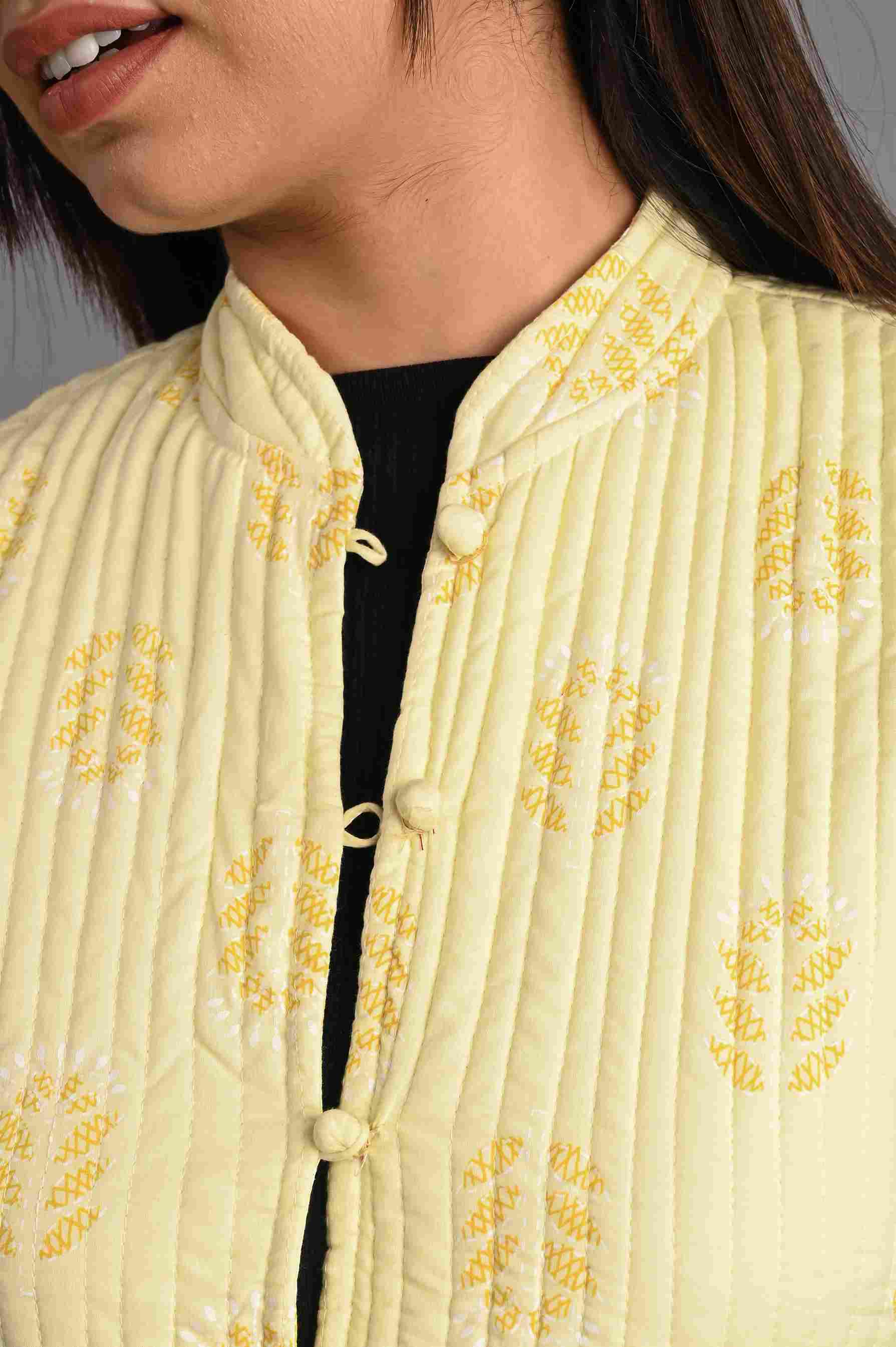 Winter Yellow Sleeveless Reversible Jaipuri Cotton Quilted Jackets For Women