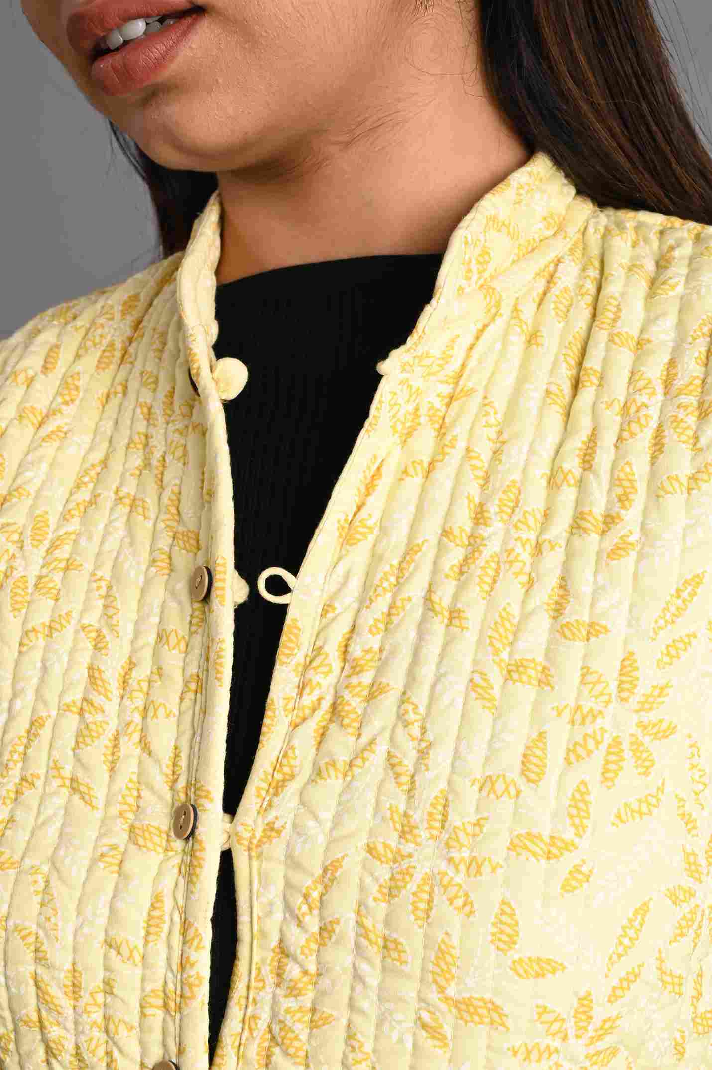 Winter Yellow Sleeveless Reversible Jaipuri Cotton Quilted Jackets For Women