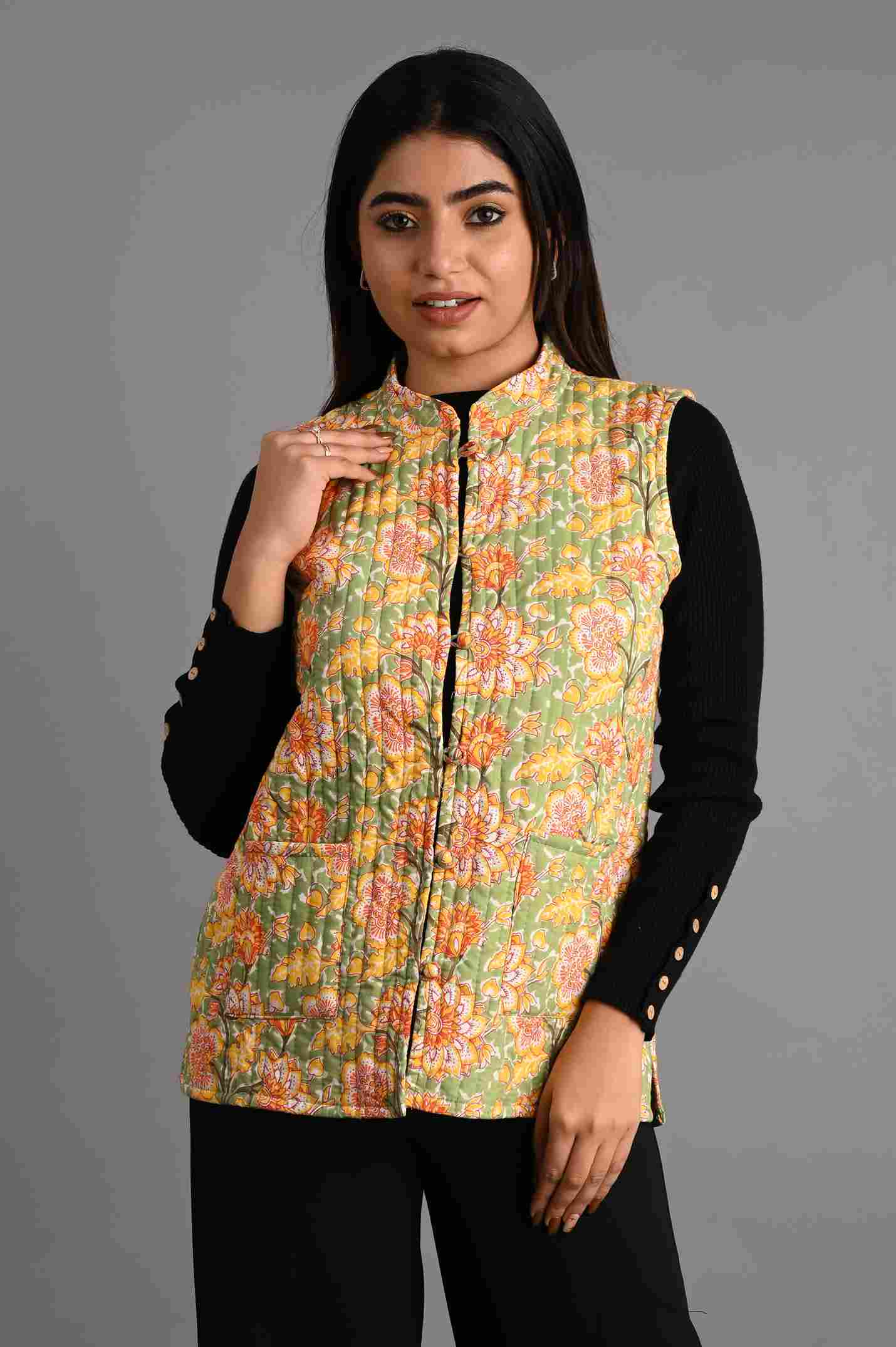 Winter Green Sleeveless Reversible Jaipuri Cotton Quilted Jackets For Women