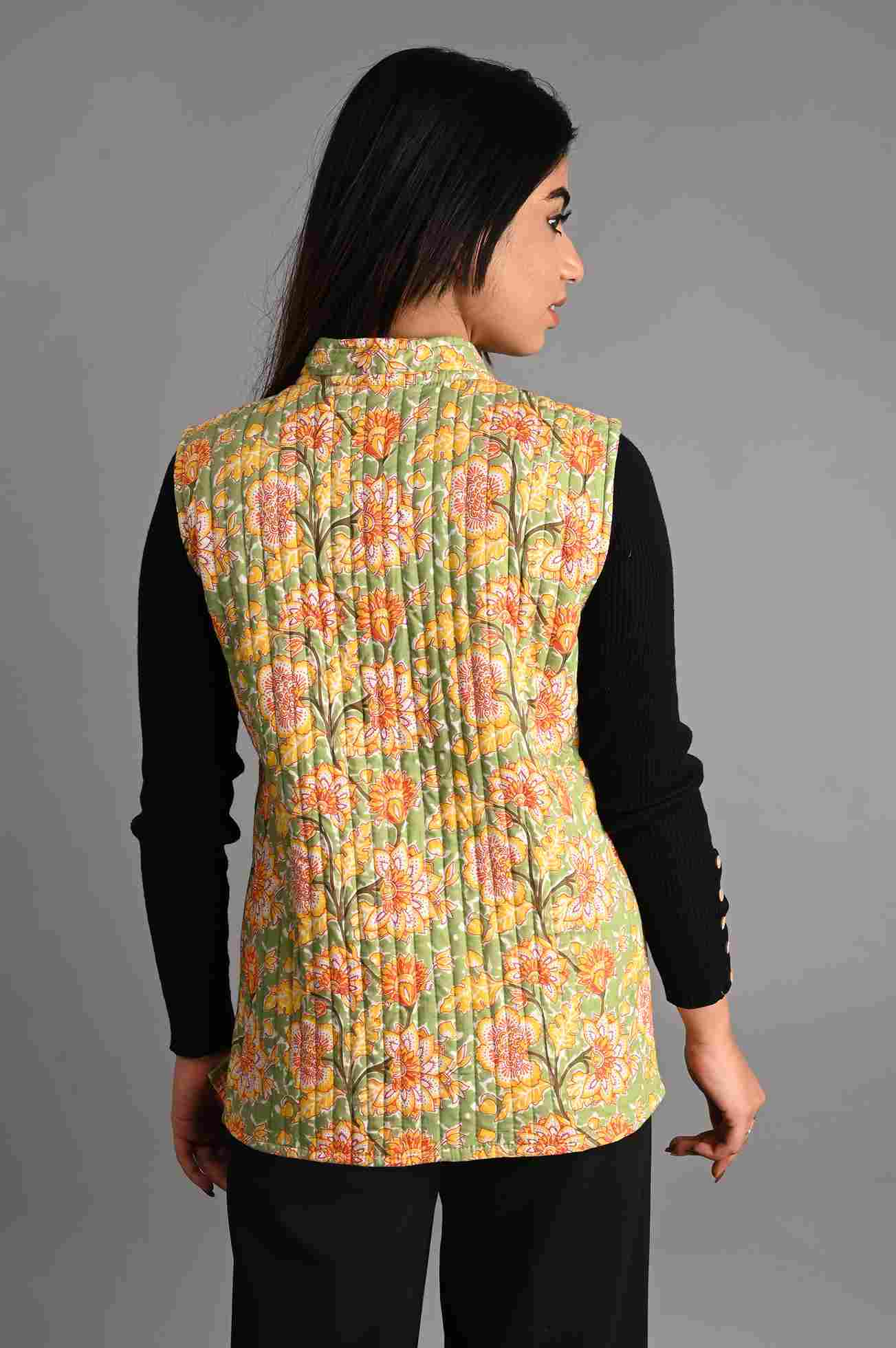 Winter Green Sleeveless Reversible Jaipuri Cotton Quilted Jackets For Women