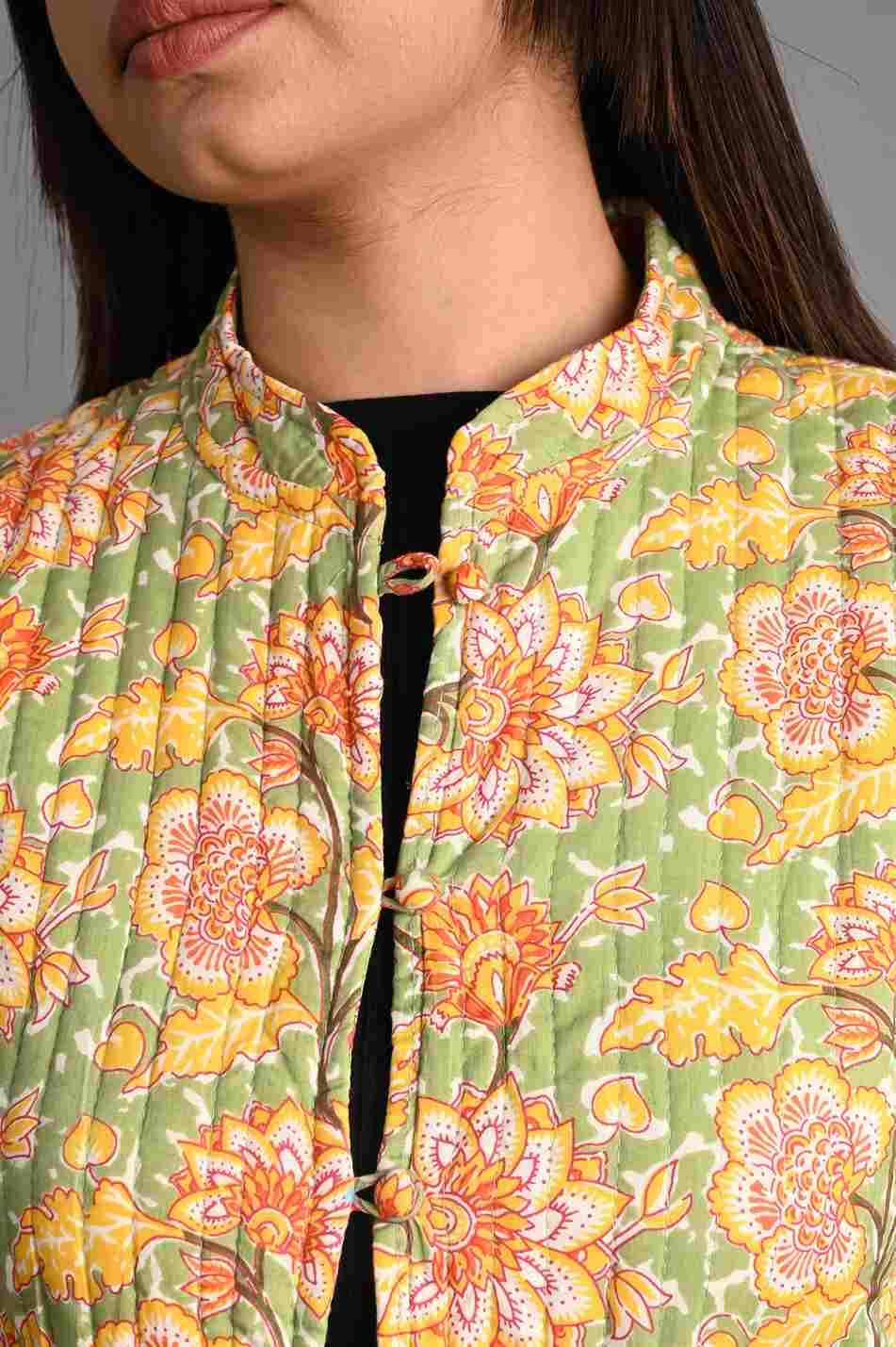 Winter Green Sleeveless Reversible Jaipuri Cotton Quilted Jackets For Women