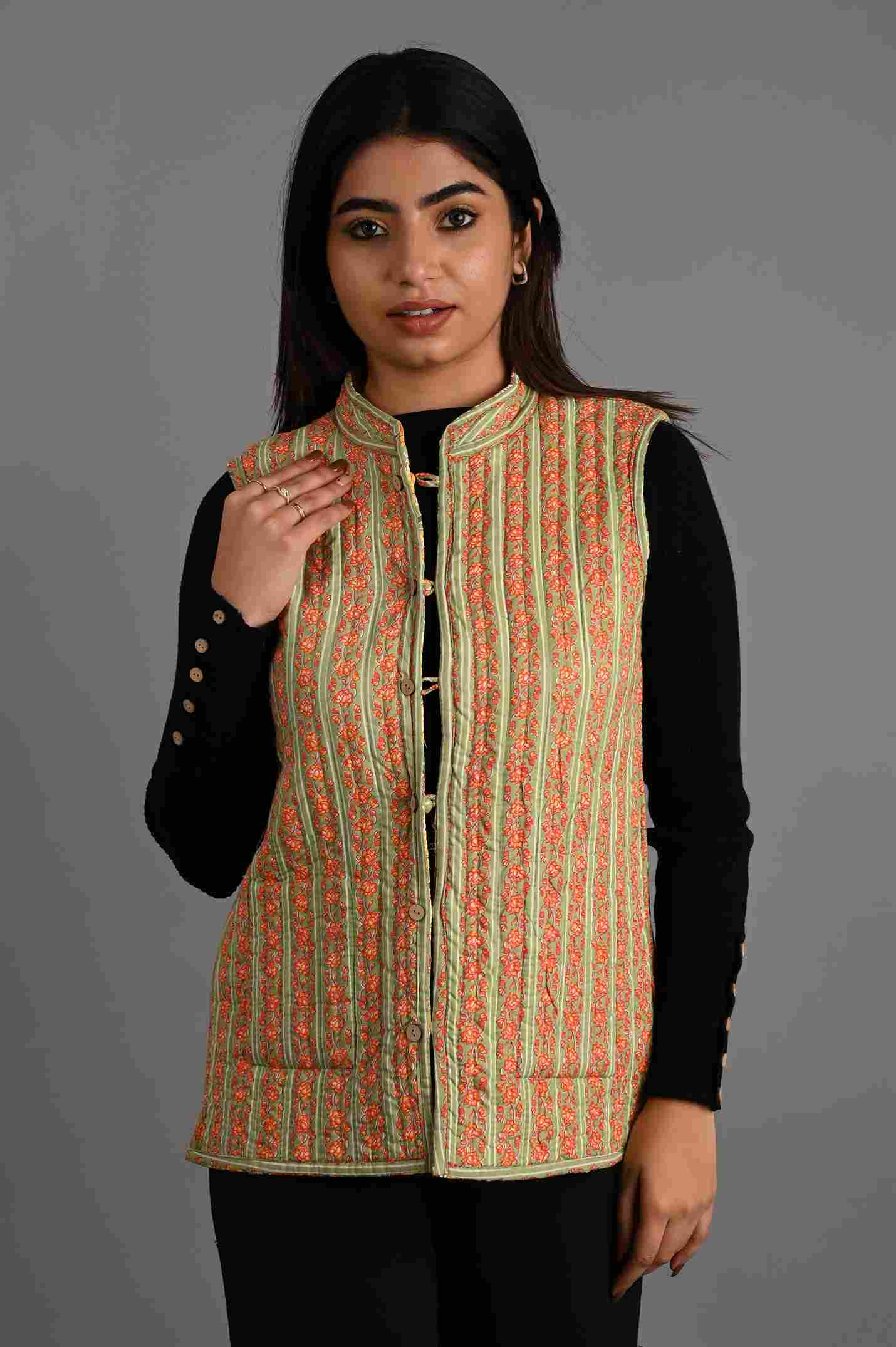 Winter Green Sleeveless Reversible Jaipuri Cotton Quilted Jackets For Women