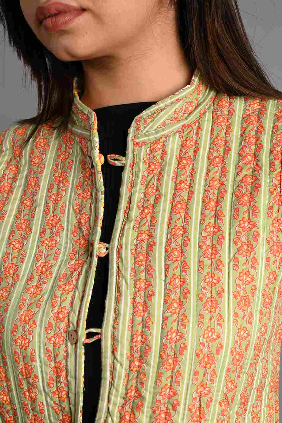 Winter Green Sleeveless Reversible Jaipuri Cotton Quilted Jackets For Women