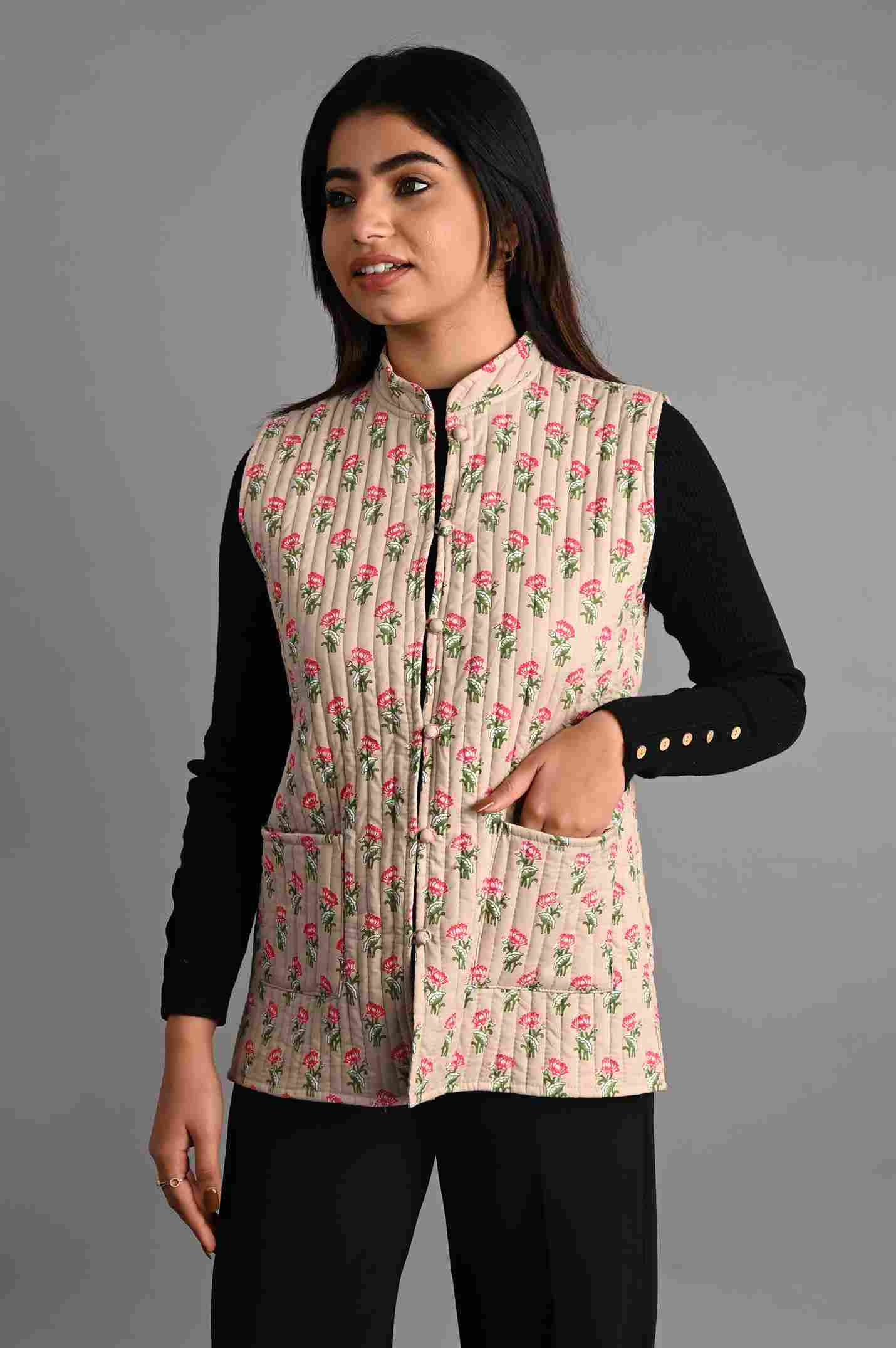 Winter Cream Sleeveless Reversible Jaipuri Cotton Quilted Jackets For Women
