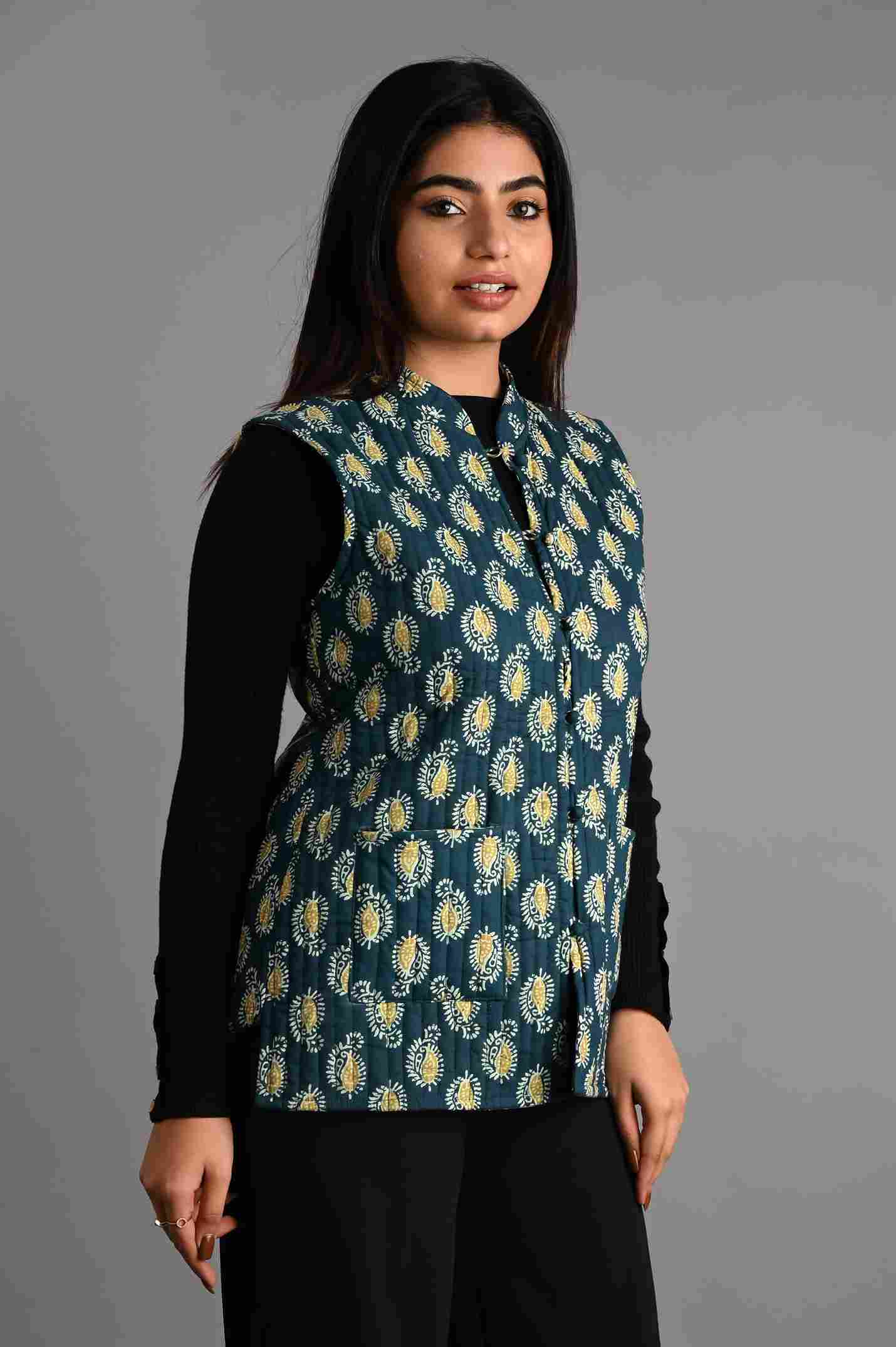 Winter Blue Sleeveless Reversible Jaipuri Cotton Quilted Jackets For Women