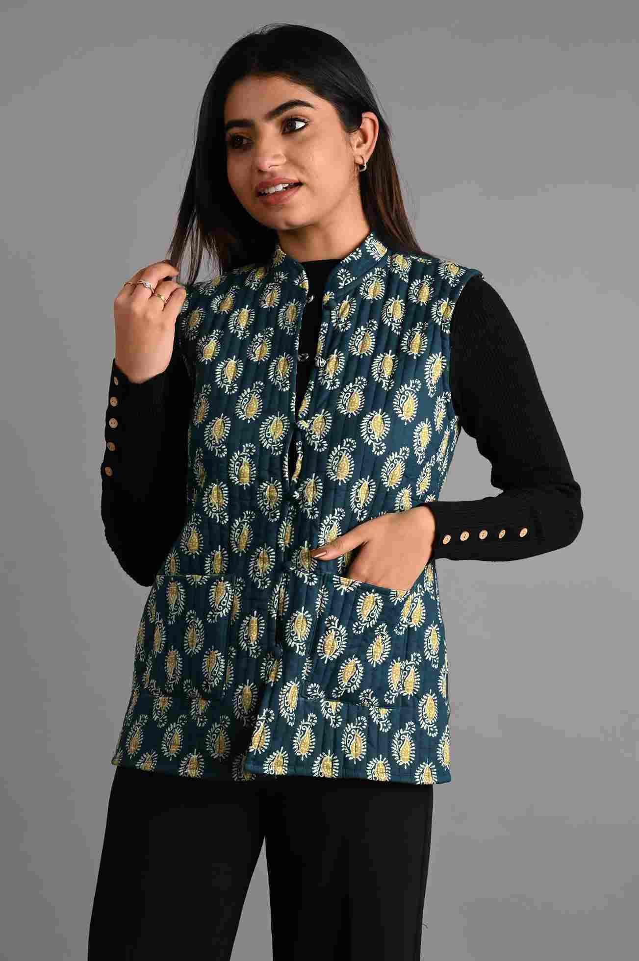 Winter Blue Sleeveless Reversible Jaipuri Cotton Quilted Jackets For Women