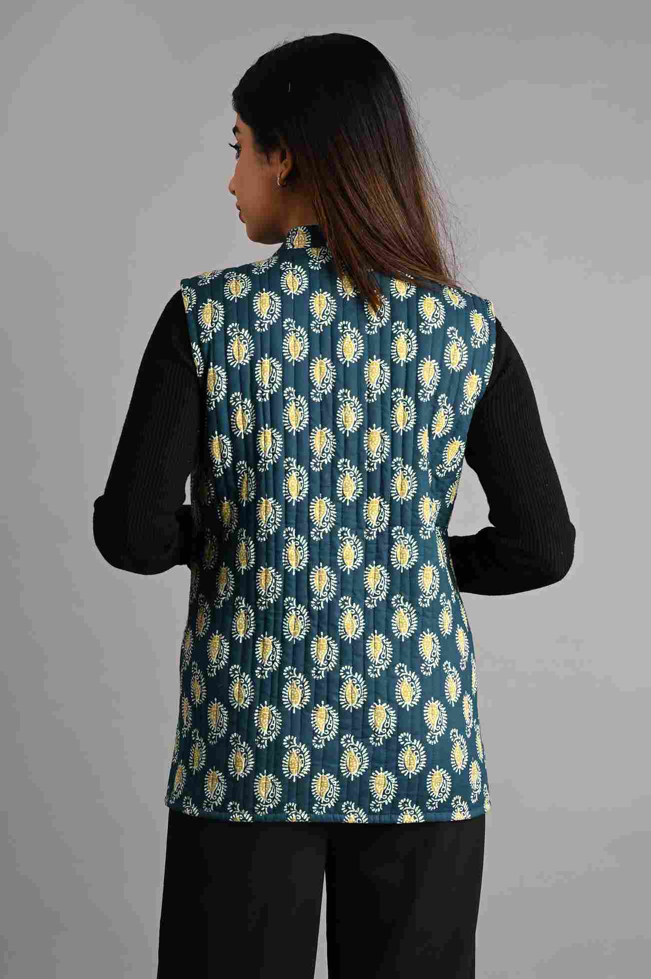 Winter Blue Sleeveless Reversible Jaipuri Cotton Quilted Jackets For Women