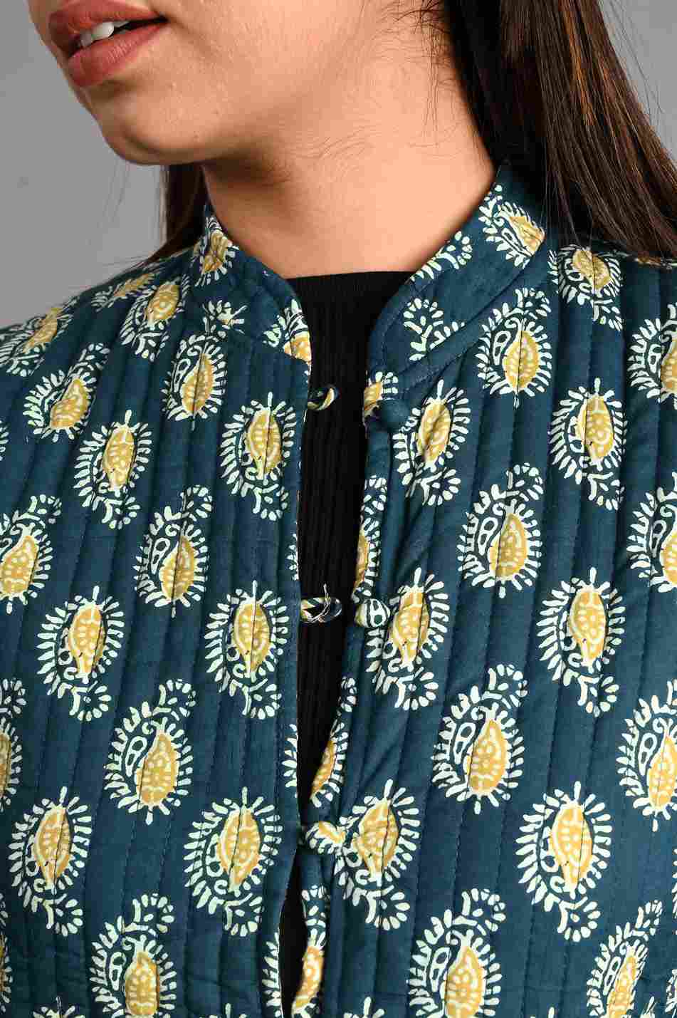 Winter Blue Sleeveless Reversible Jaipuri Cotton Quilted Jackets For Women