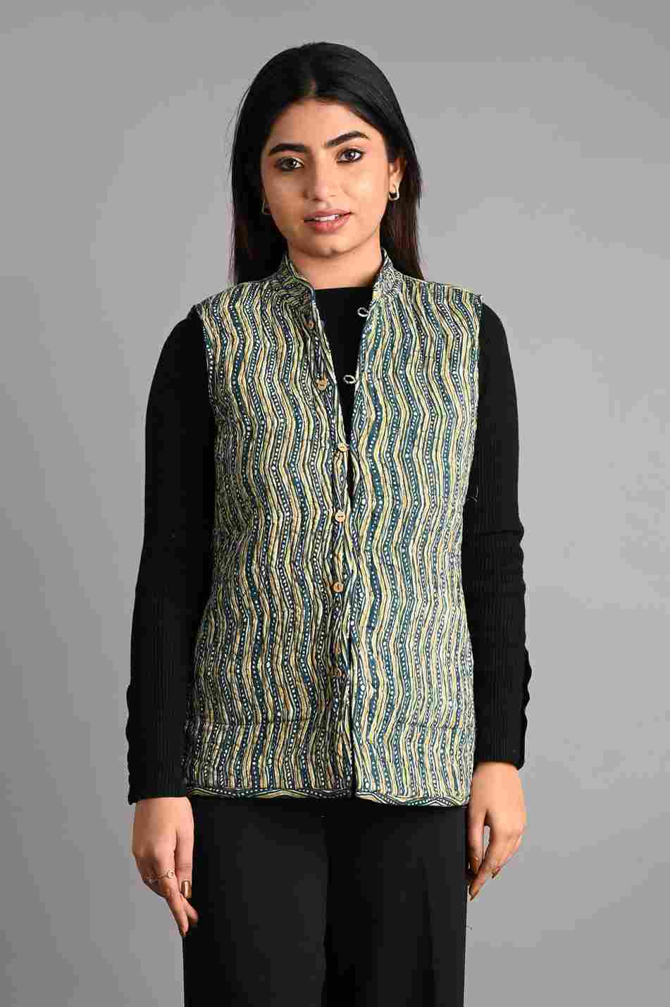 Winter Blue Sleeveless Reversible Jaipuri Cotton Quilted Jackets For Women