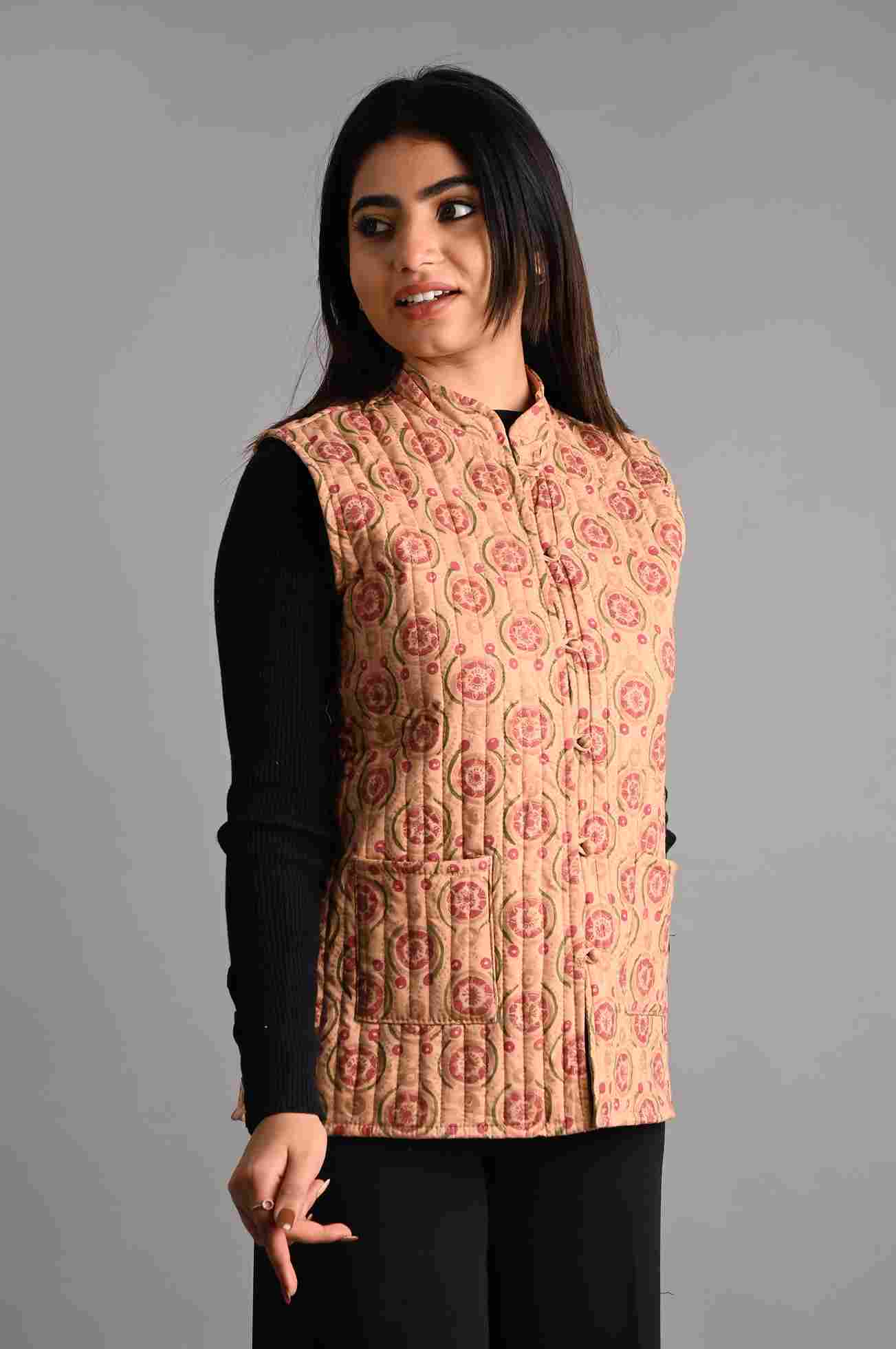 Winter Sleeveless Reversible Jaipuri Cotton Quilted Jackets For Women