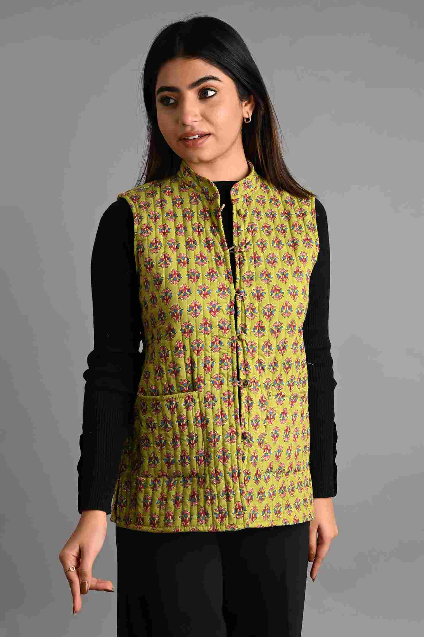 Winter Green Sleeveless Reversible Jaipuri Cotton Quilted Jackets For Women