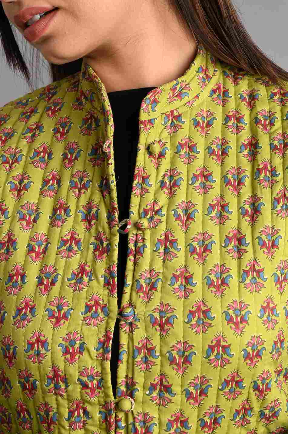 Winter Green Sleeveless Reversible Jaipuri Cotton Quilted Jackets For Women